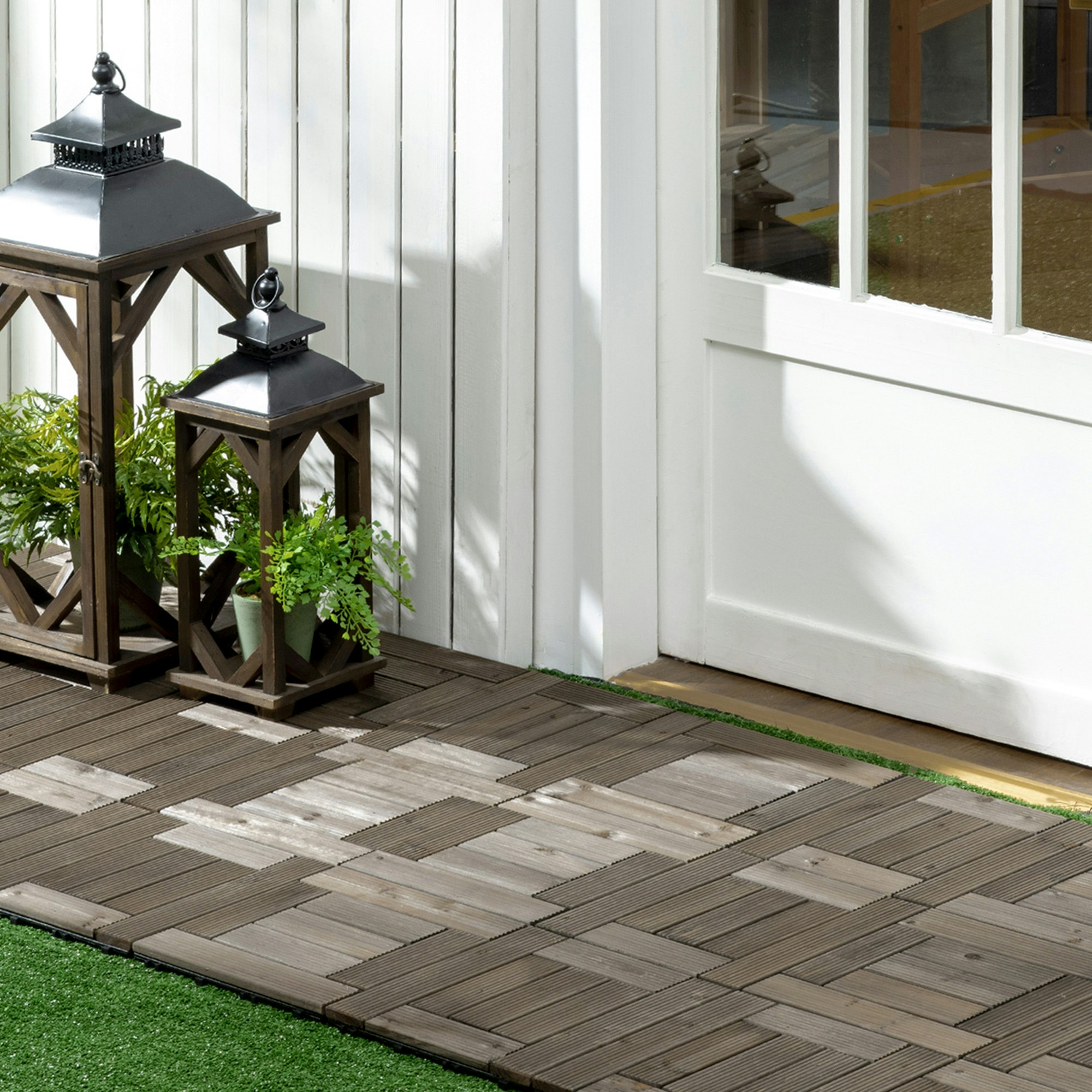 Rackhams Brown 27Pc Floor Tiles Interlocking Solid Wood Diy Deck Tiles Outdoor 2.5㎡ - Fir Wood, Pvc - 30L X 30W X 2.5H Cm
