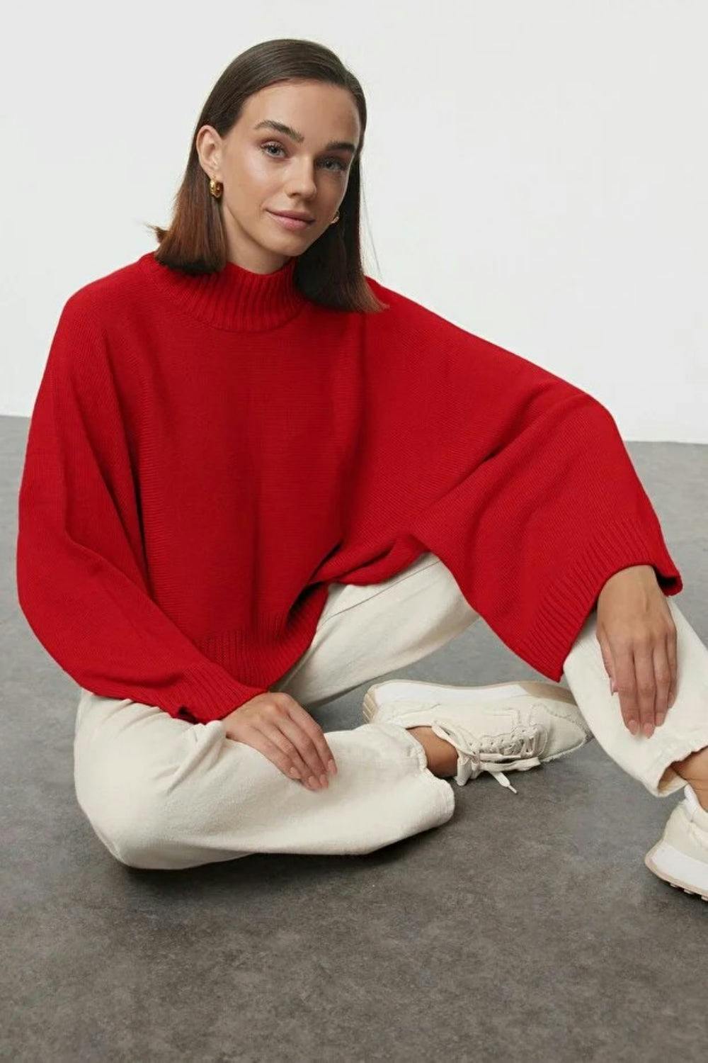 Hoxton Gal Red Oversized Fla Sleeve Knit Sweater - L