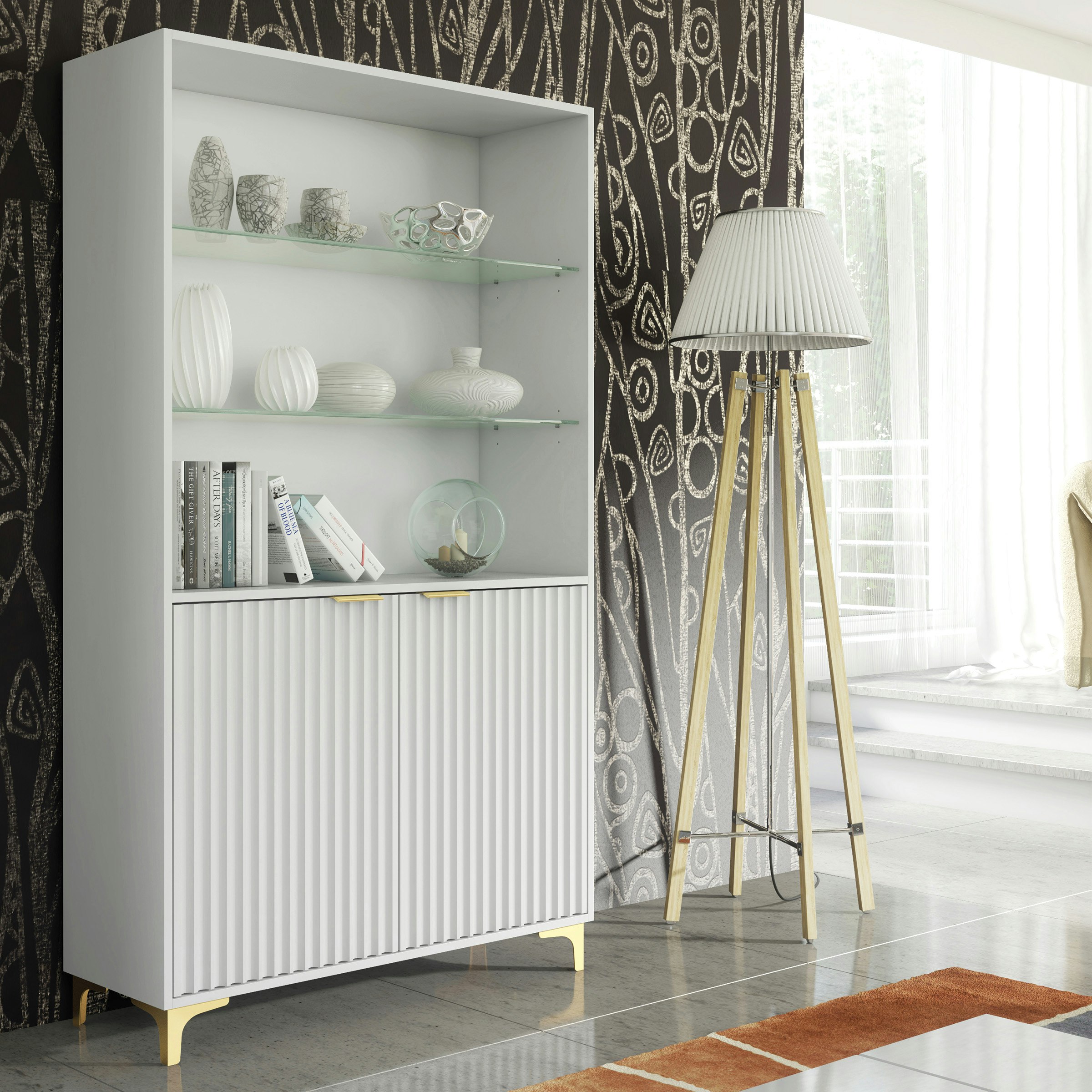 Rackhams White/Gold Display Cabinet With Legs – Modern Fluted Tall Unit 170Cm - Matt Body & Matt Doors - 170
