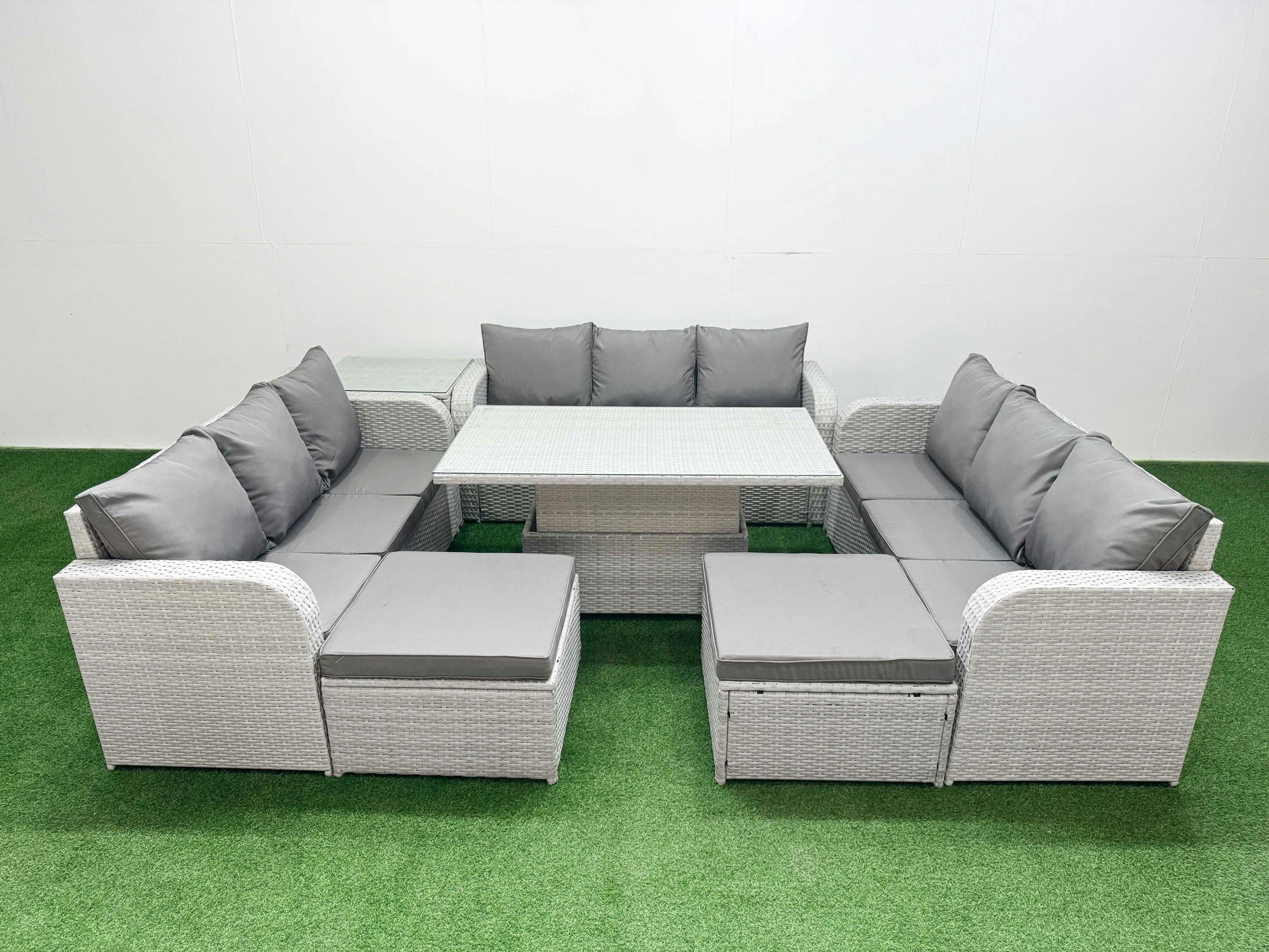 Fimous Light/Grey 11 Seater Rattan Garden Furniture Set With Adjustable Height Table, 3 Sofas, 2 Footstools, Side Table