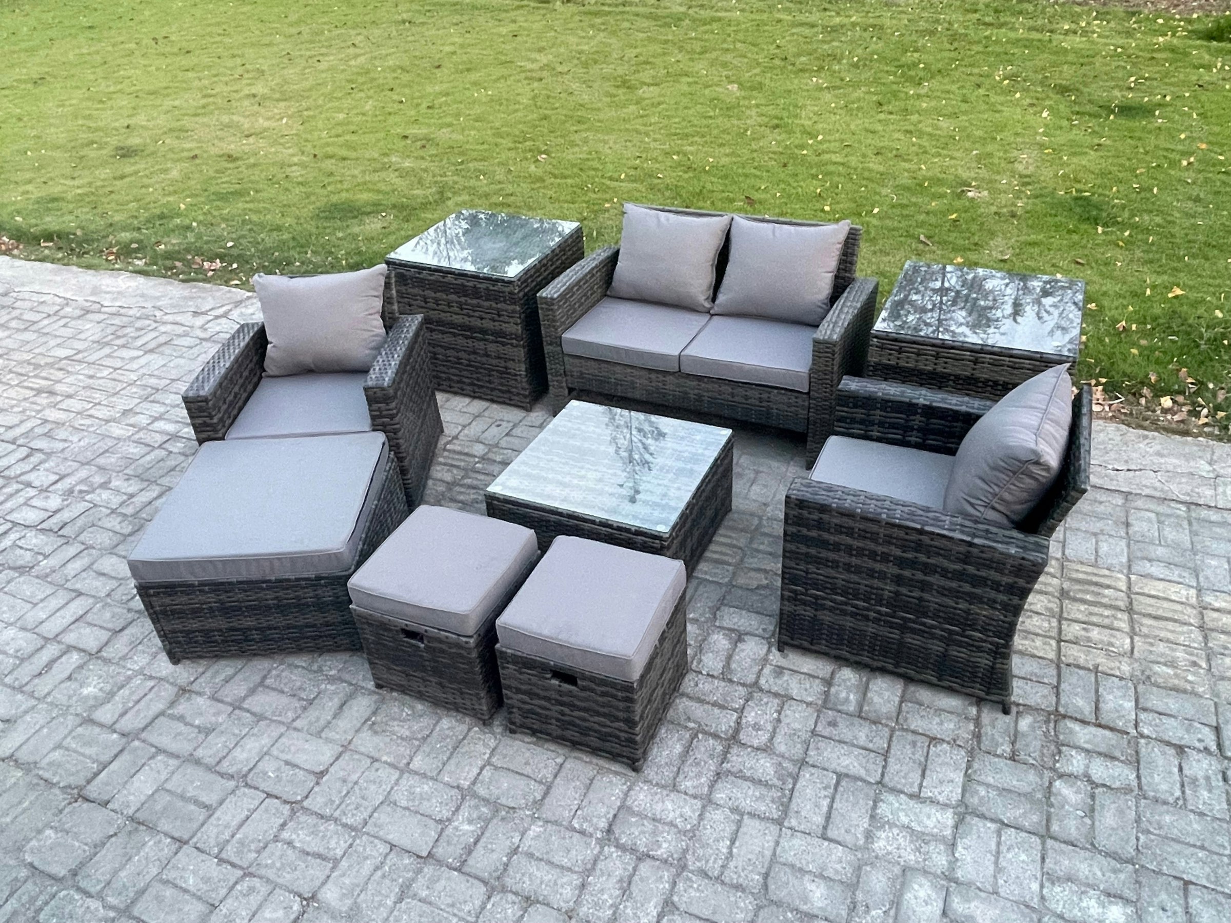 Rackhams Rattan Wicker Garden Furniture Patio Conservatory Sofa Set With Square Coffee Table Armchair 2 Seater Sofa 3 Footstools 2 Side Tables