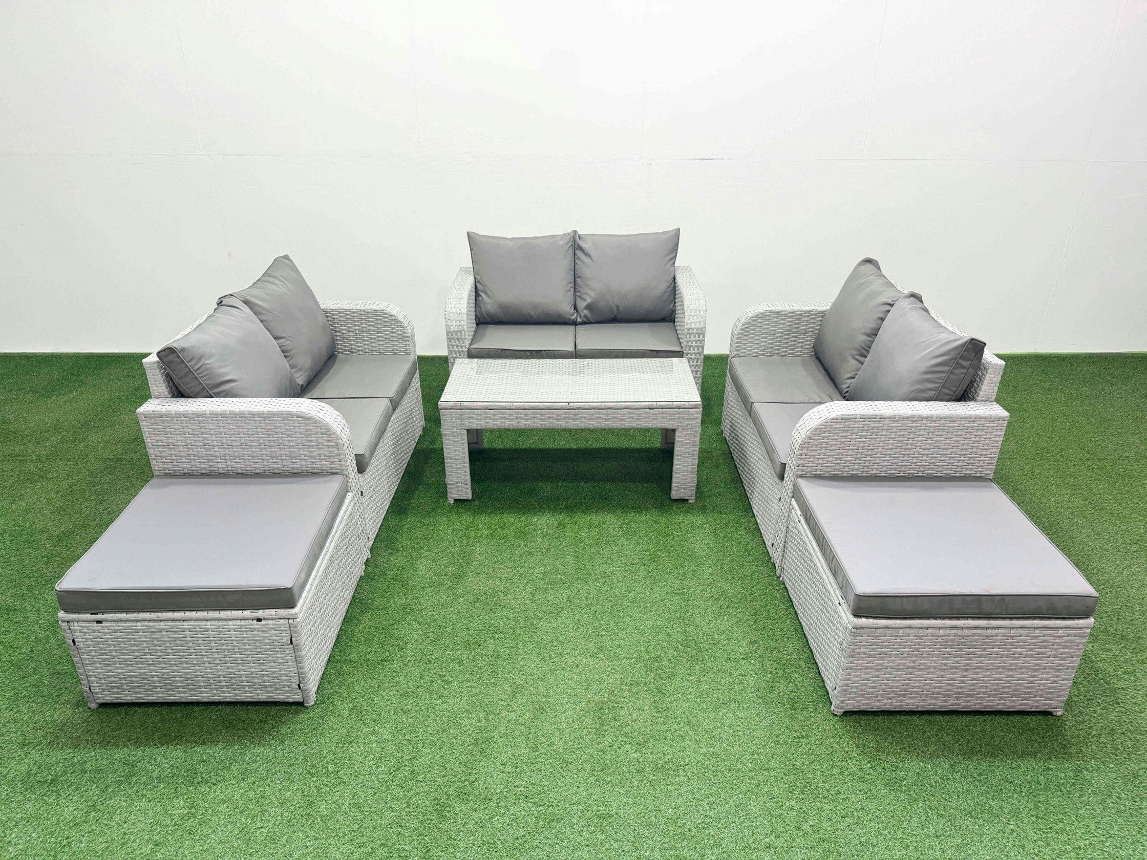 Fimous Light/Grey 8 Seater Pe Wicker Rattan Furniture Sofa Sets With Oblong Coffee Table 2 Seater Love Sofa 2 Big Footstool