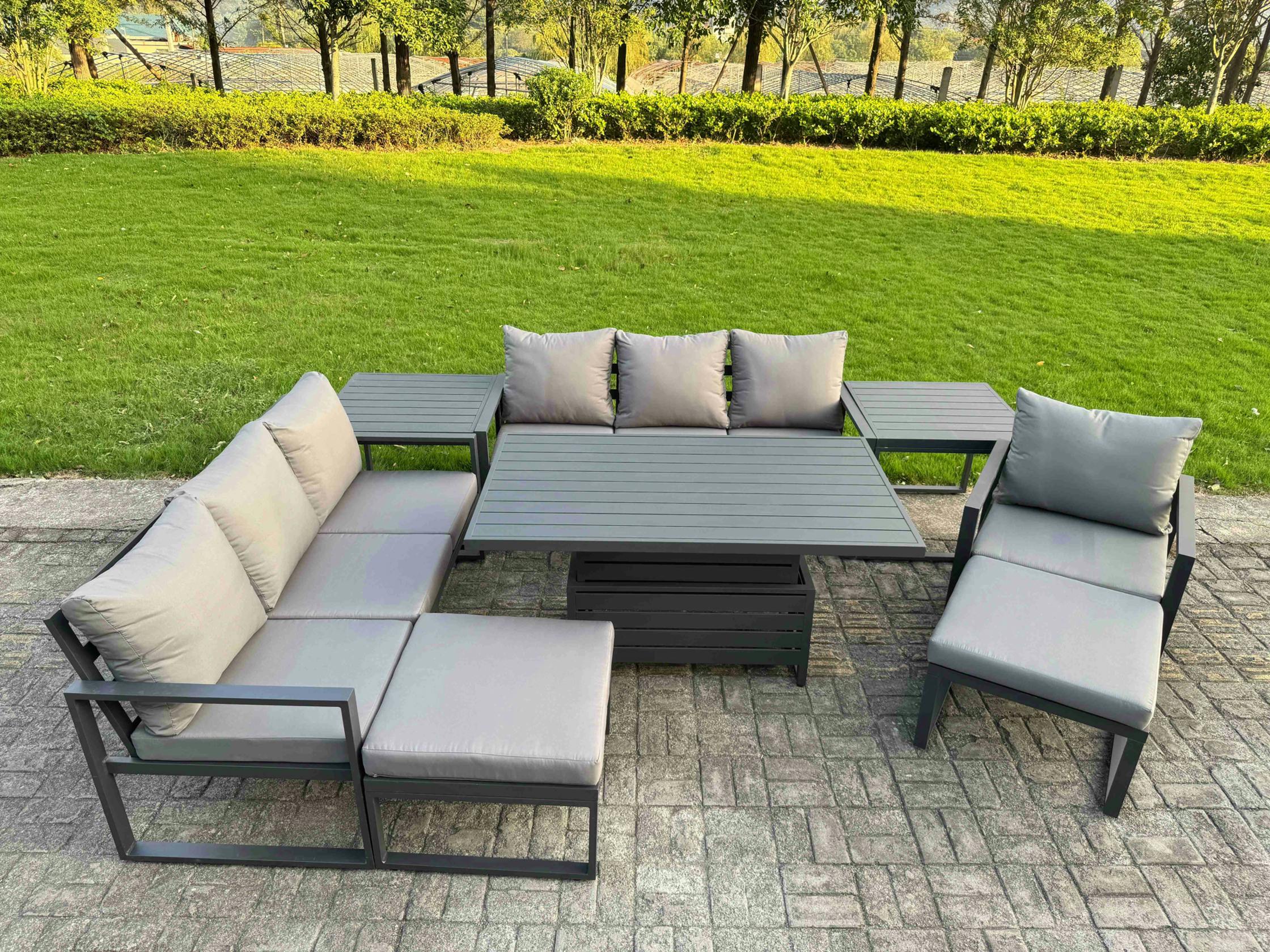 Fimous Dark/Grey 9 Seater Aluminium Garden Furniture Set With Adjustable Rising Dining Table, 2 Footstools, 2 Side Tables