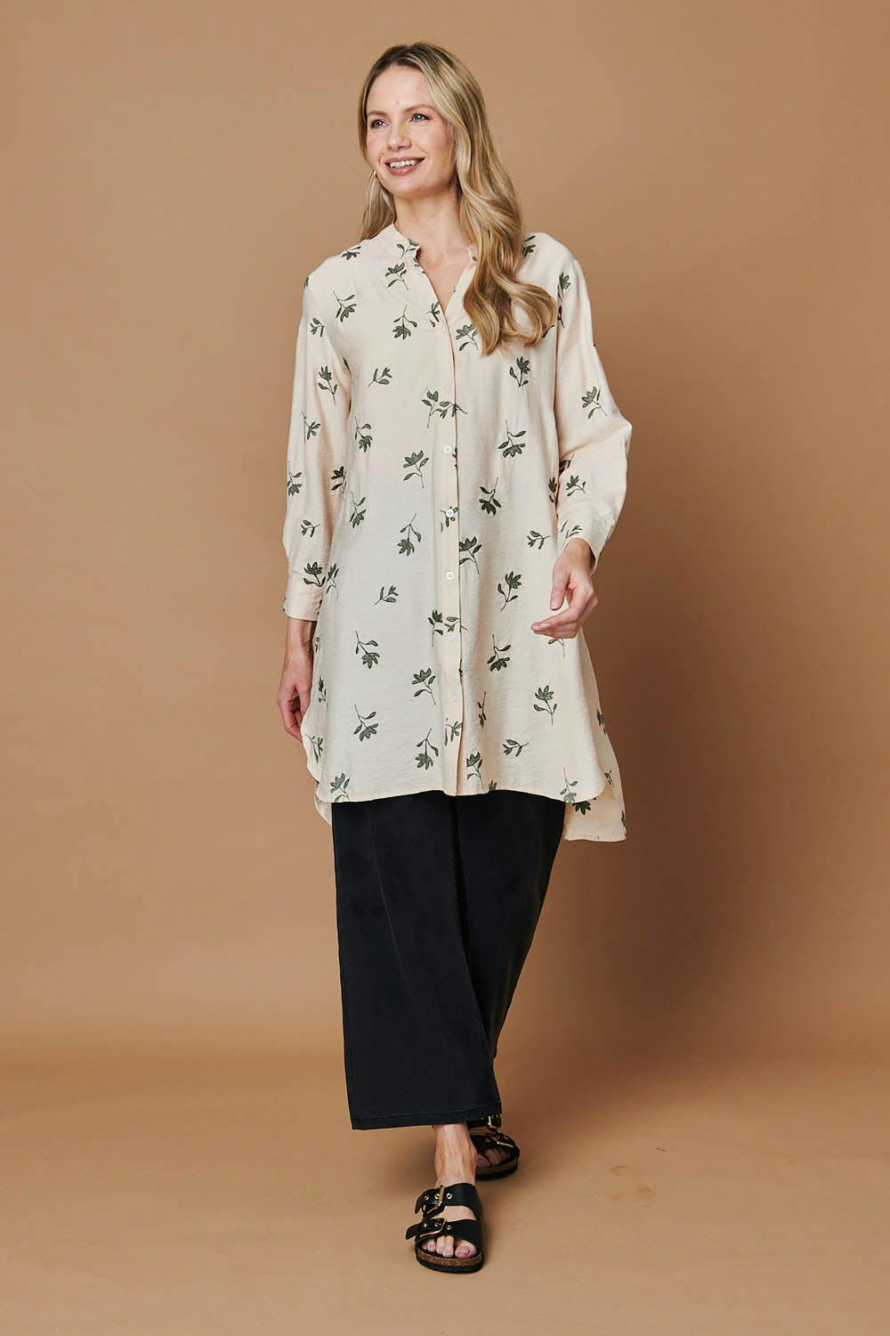 Izabel London Beige Floral Long Sleeve Casual Longline Shirt - 18