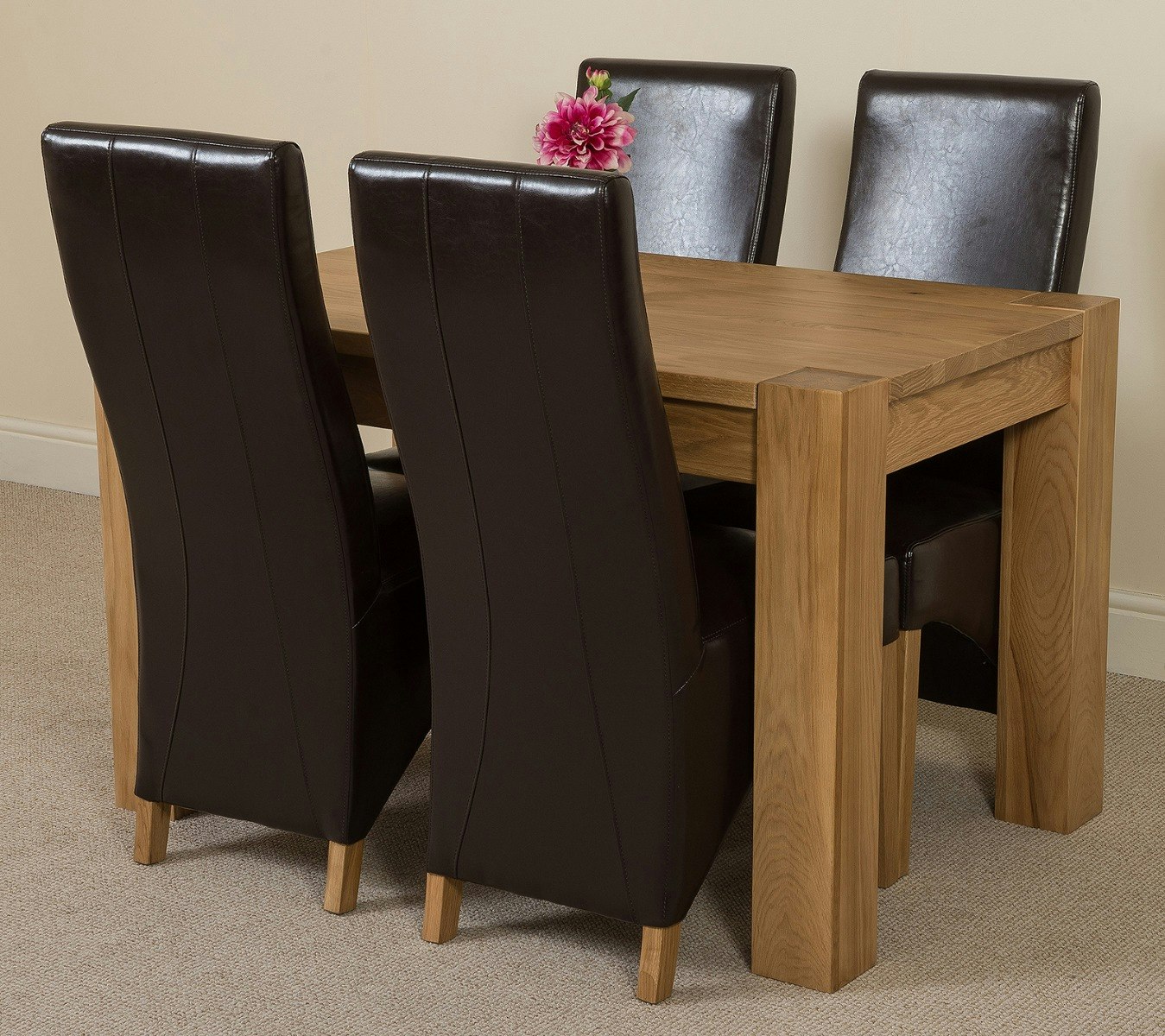 That's Furniture Brown Kuba Oak Dining Table With Lola Leather Chairs - 4 Chairs 125X80x77cm