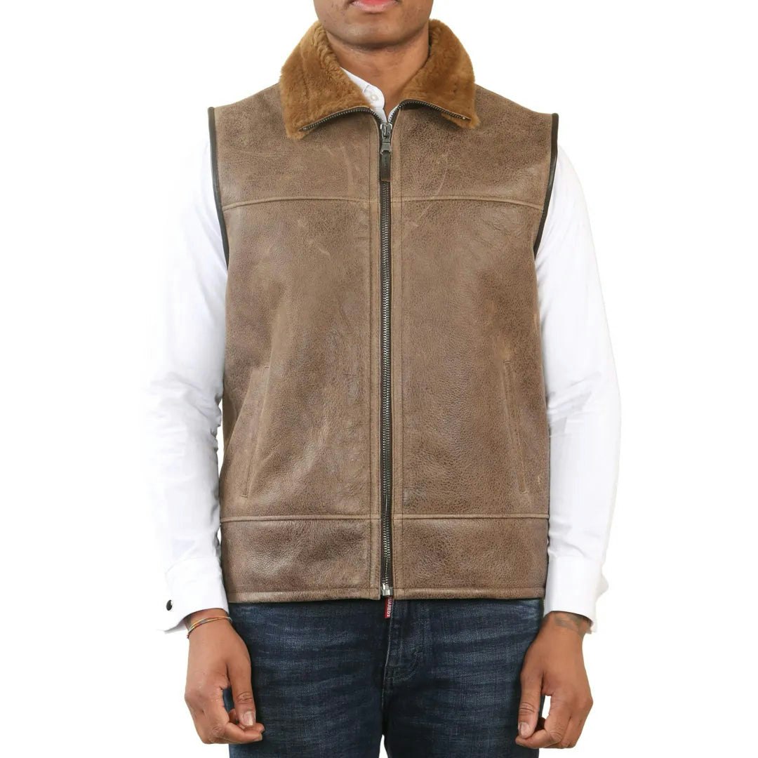 Infinity Leather Men's Aviator Shearling Sheepskin Gilet - Ginger - Large