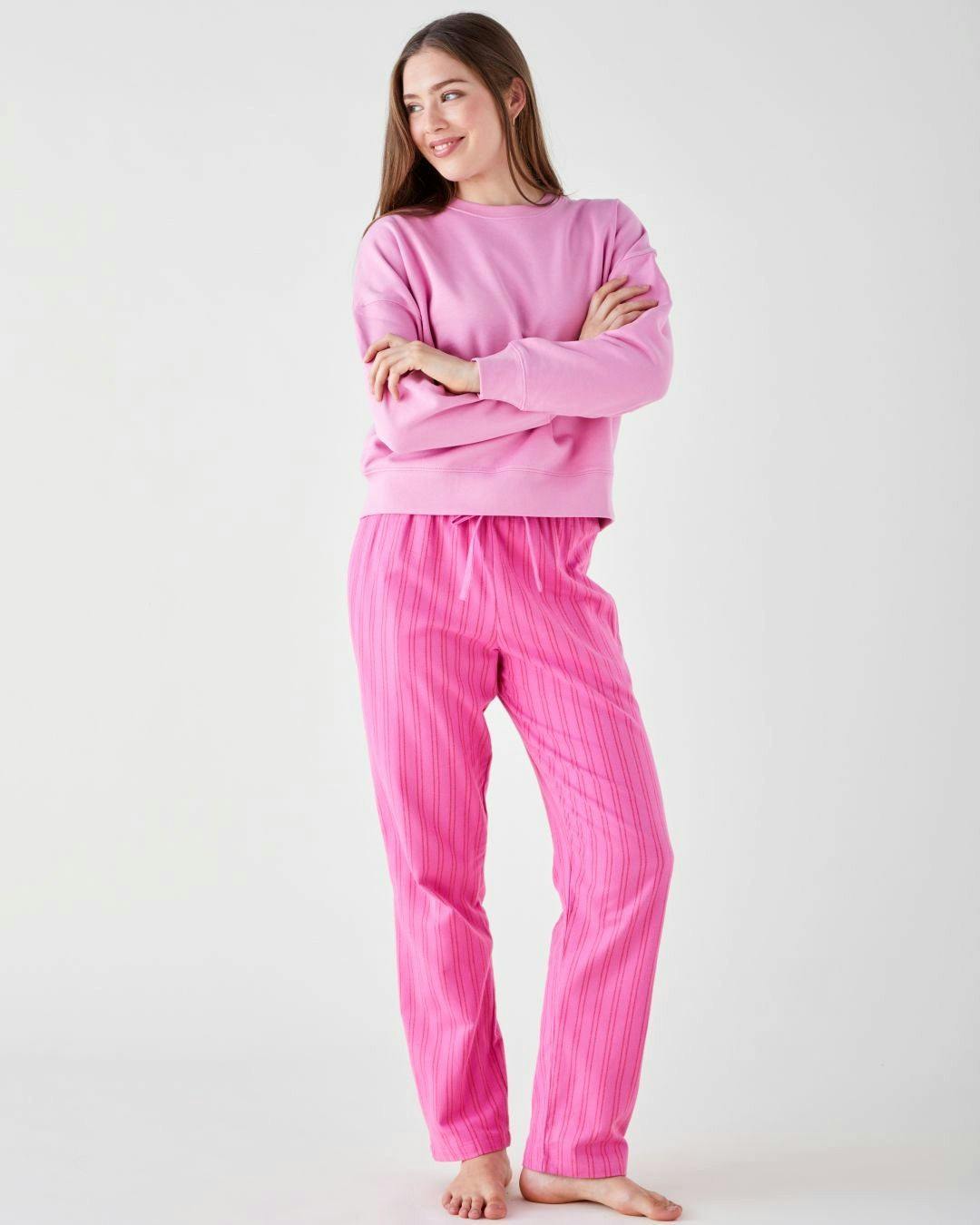 British Boxers Women's Brushed Cotton Pyjama Trousers – Westwood Raspberry Stripe - Petite