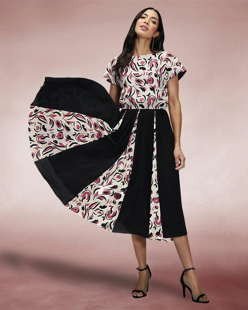 Hotsquash Cream/Pink Pleated Midi Dress - / Poppies - 10