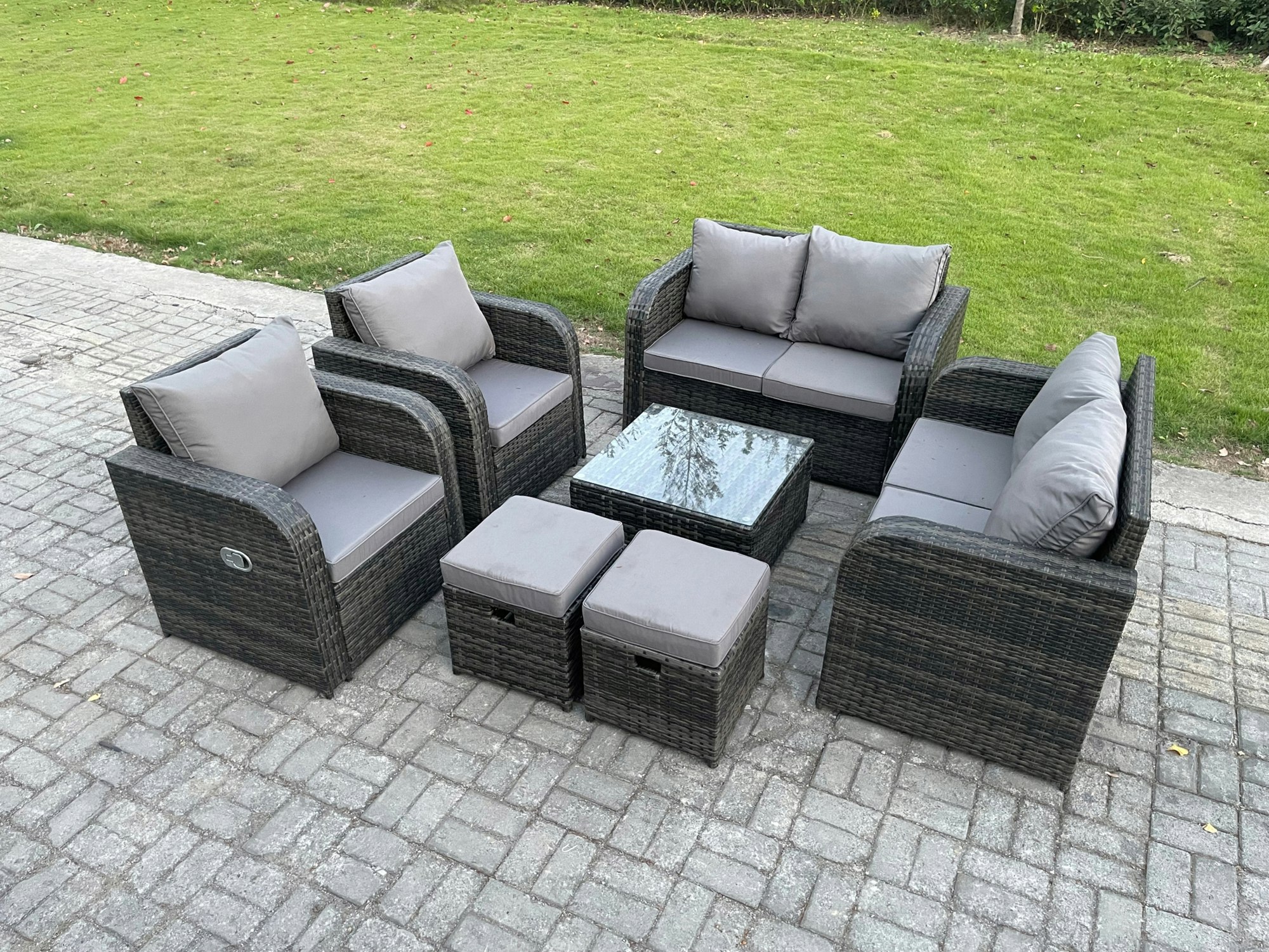 Rackhams Dark/Grey Garden Furniture Set Rattan Outdoor Lounge Sofa Chair With Tempered Glass Table 2 Small Footstools Mixed