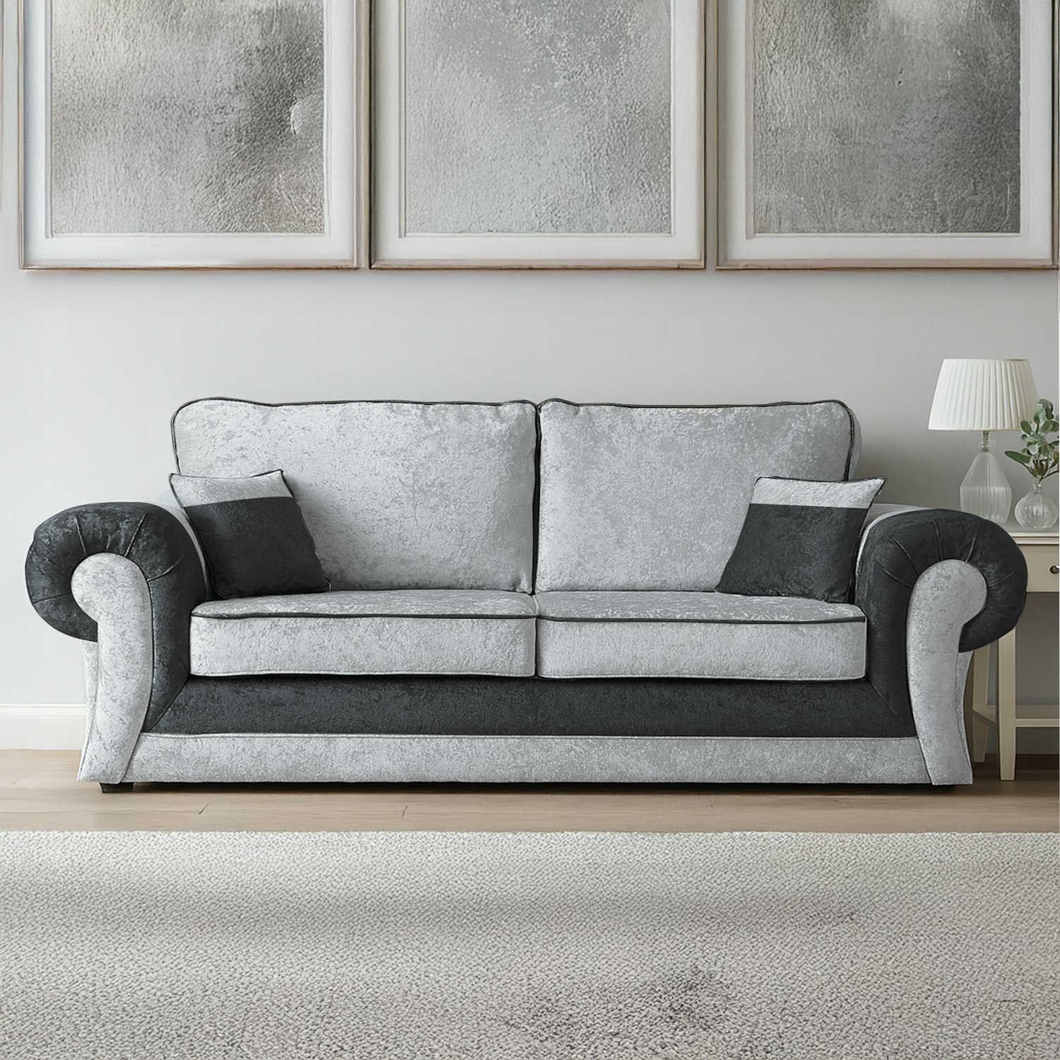 Furnishings For Less Black/Silver Chelsea Crushed Velvet Full Back 3 Seater - And