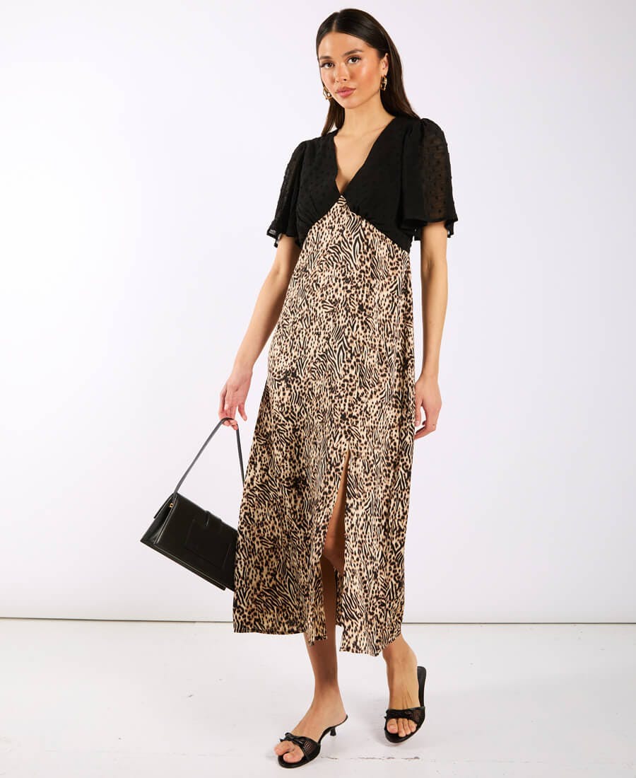 Needs No Label Black Animal Satin Mix Flutter Sleeve Midi Dress - 10