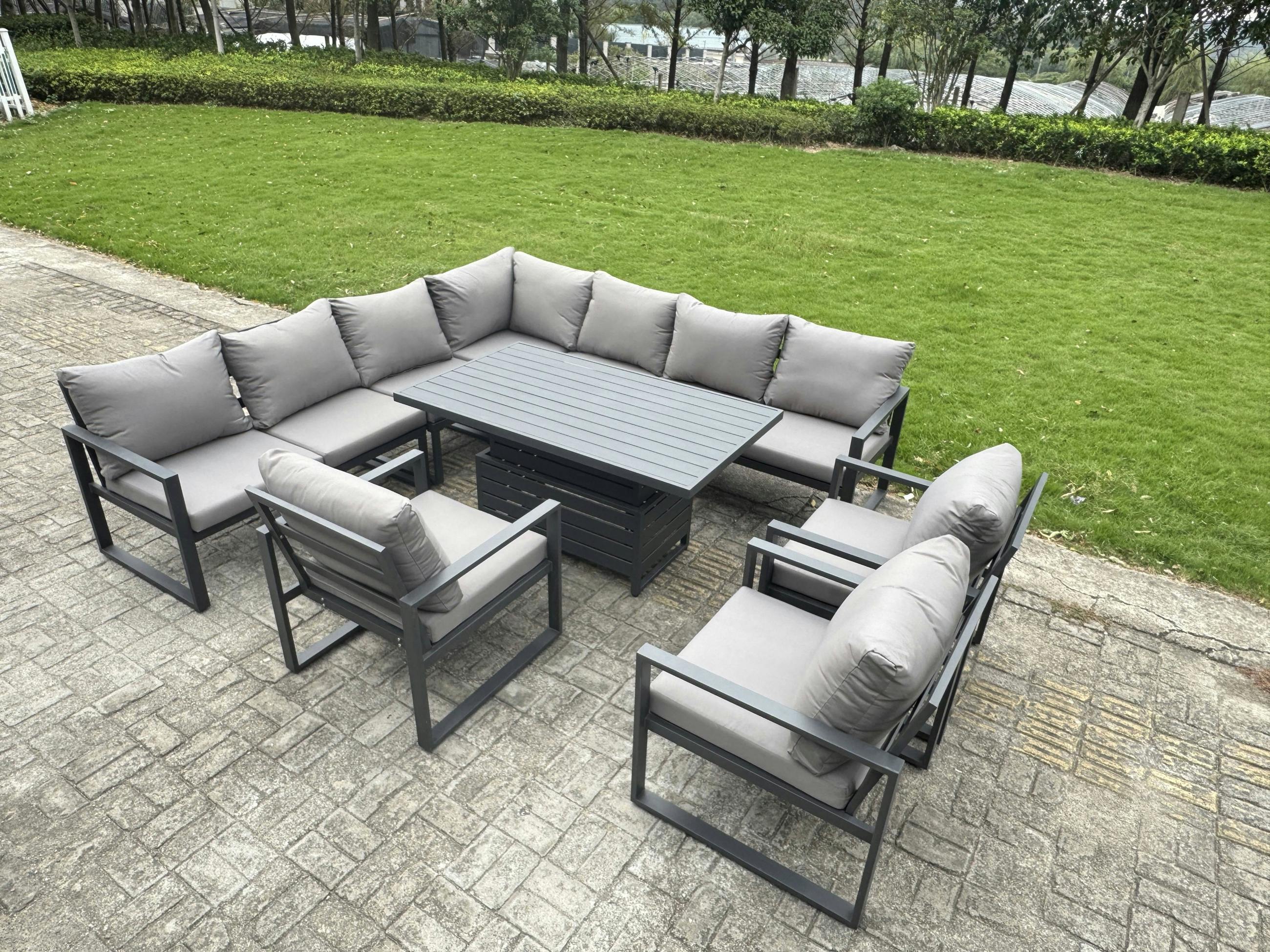 Fimous Grey 10 Seater Aluminium Garden Furniture Set With Adjustable Rising Dining Table, Corner Sofa, 3 Chairs