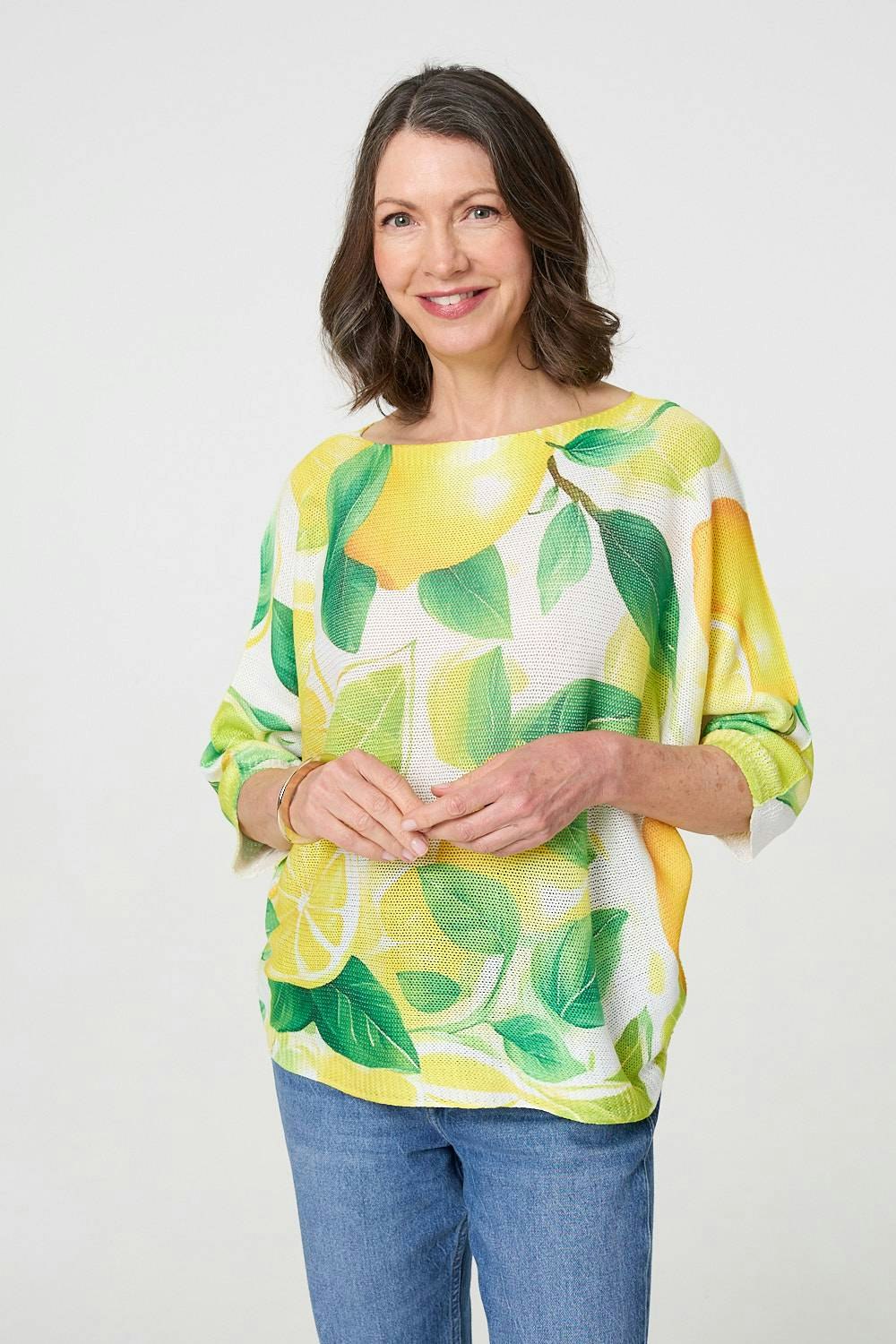 Izabel London Yellow Leaf Print 3/4 Sleeve Knit Texture Top - M/L