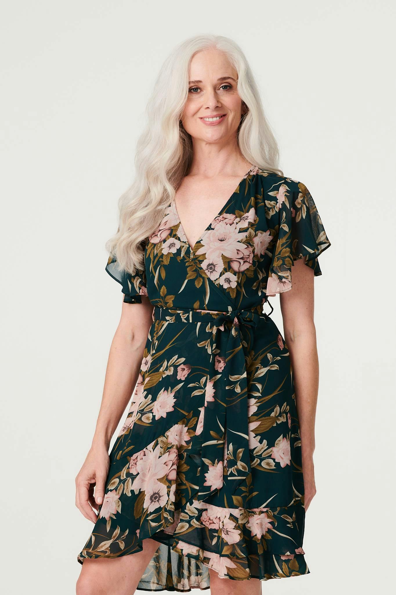 Izabel London Green Floral Flare Sleeve Short Wrap Dress - 8
