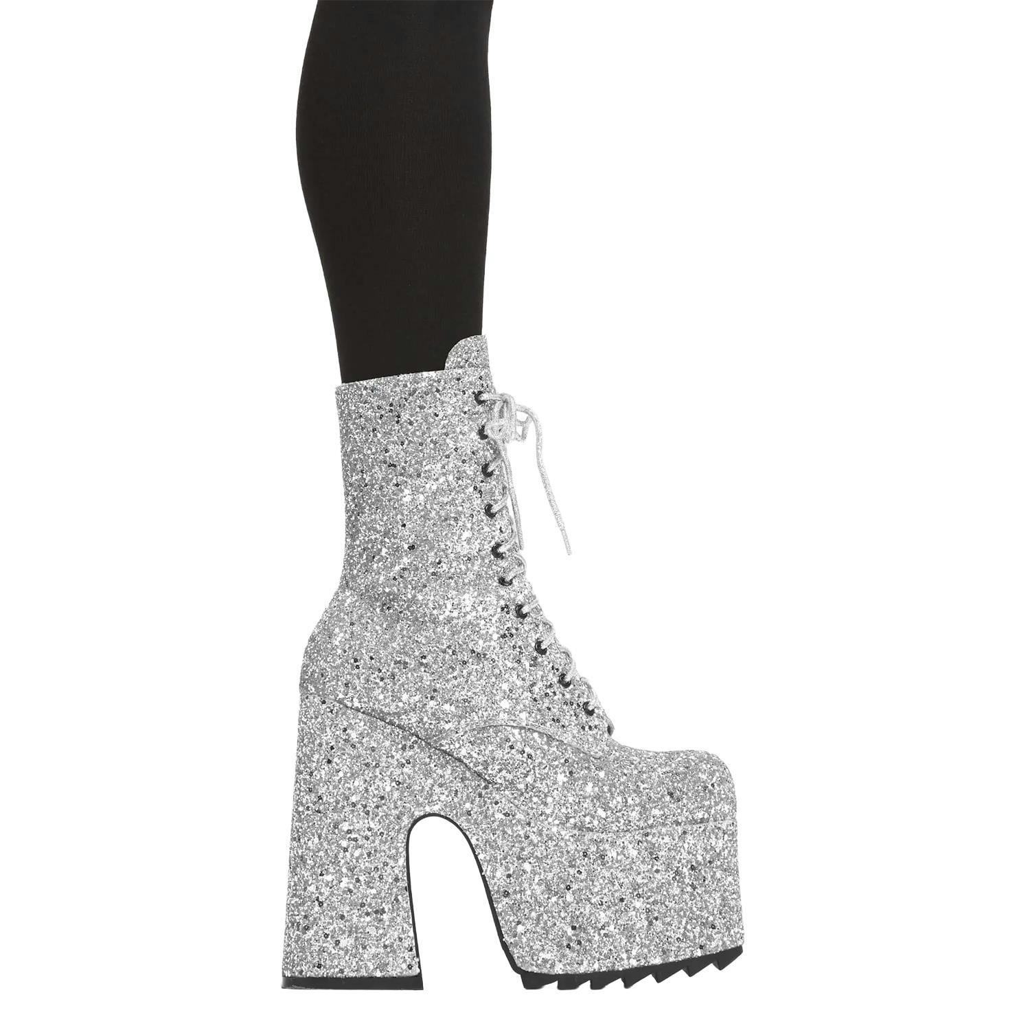 Lamoda Women's Silver Spotlight Glitter Chunky Platform Ankle Boots Bold Statement - Uk7