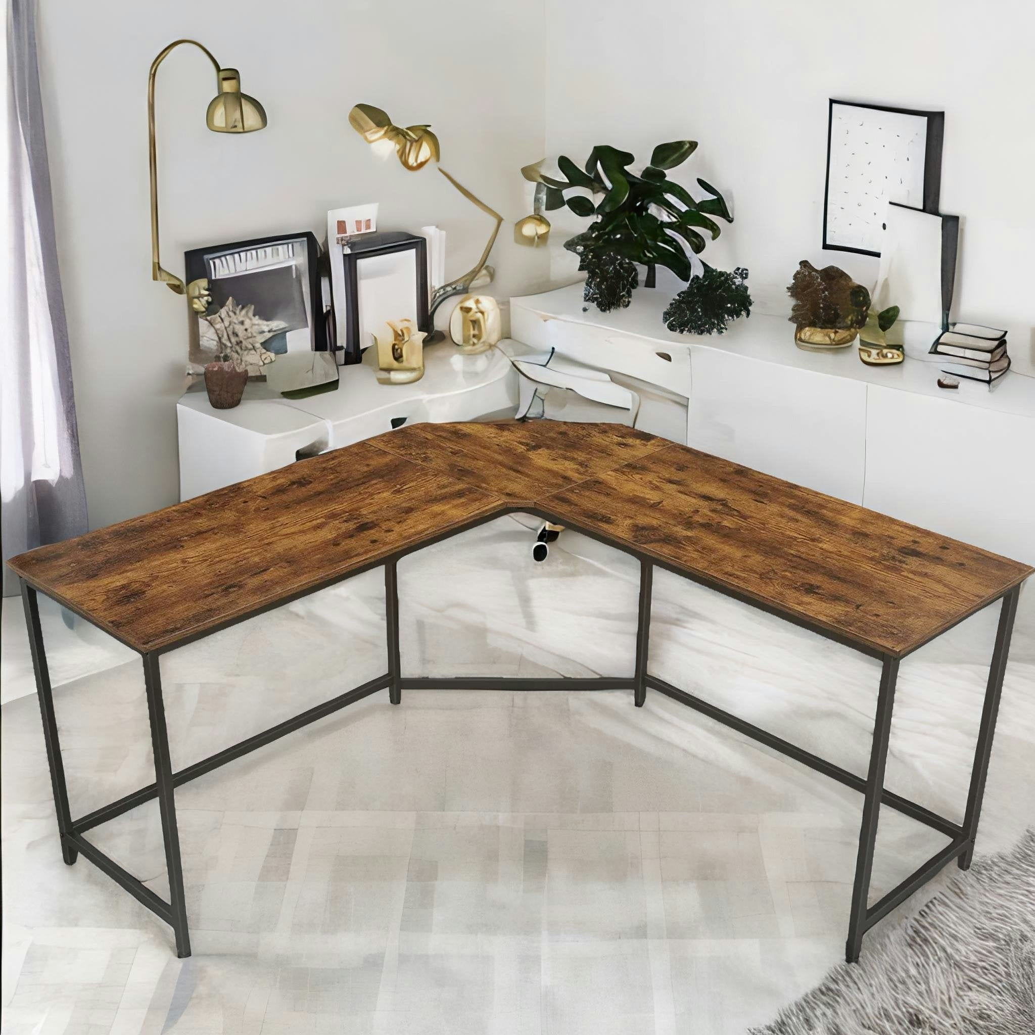 Rackhams Brown Industrial Rustic L-Shaped Corner Computer Desk