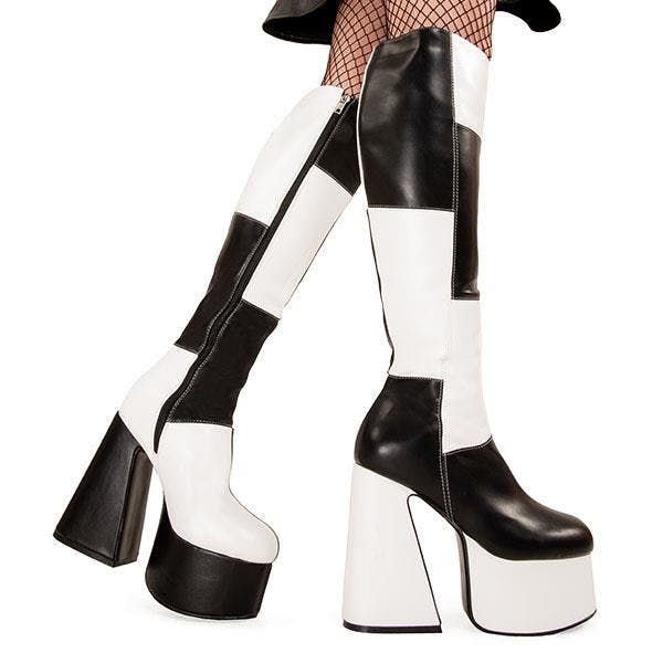 Lamoda Women's Dark Runway Blackpu Whitepu Platform Knee High Boots Trendy Streetwear - Uk3