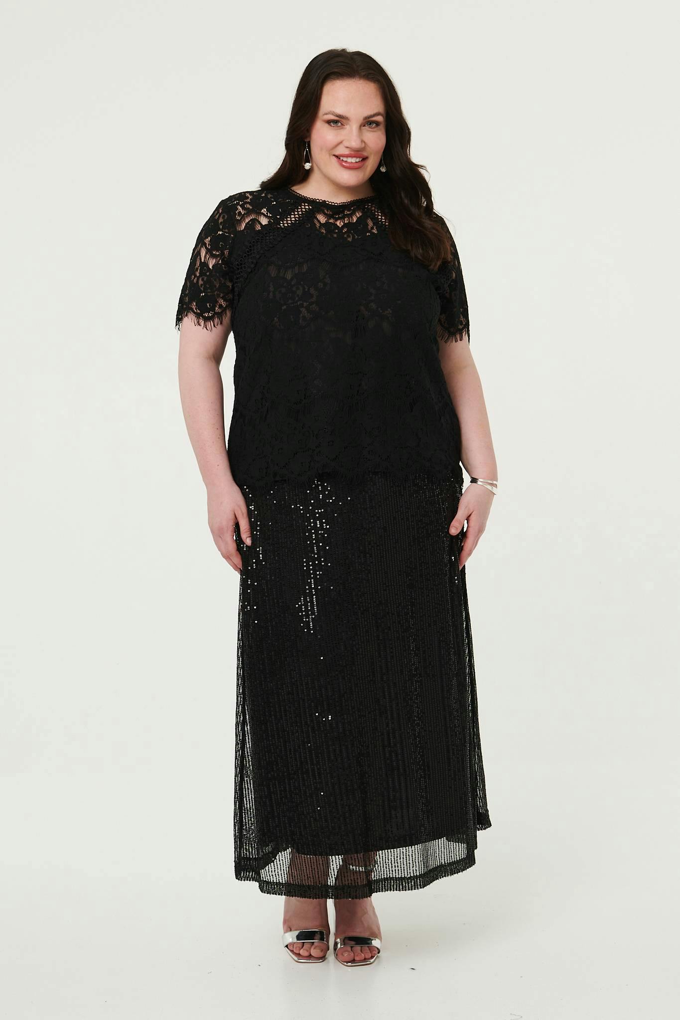 Izabel London Black Curve Sequin Layered Midi Skirt - 22