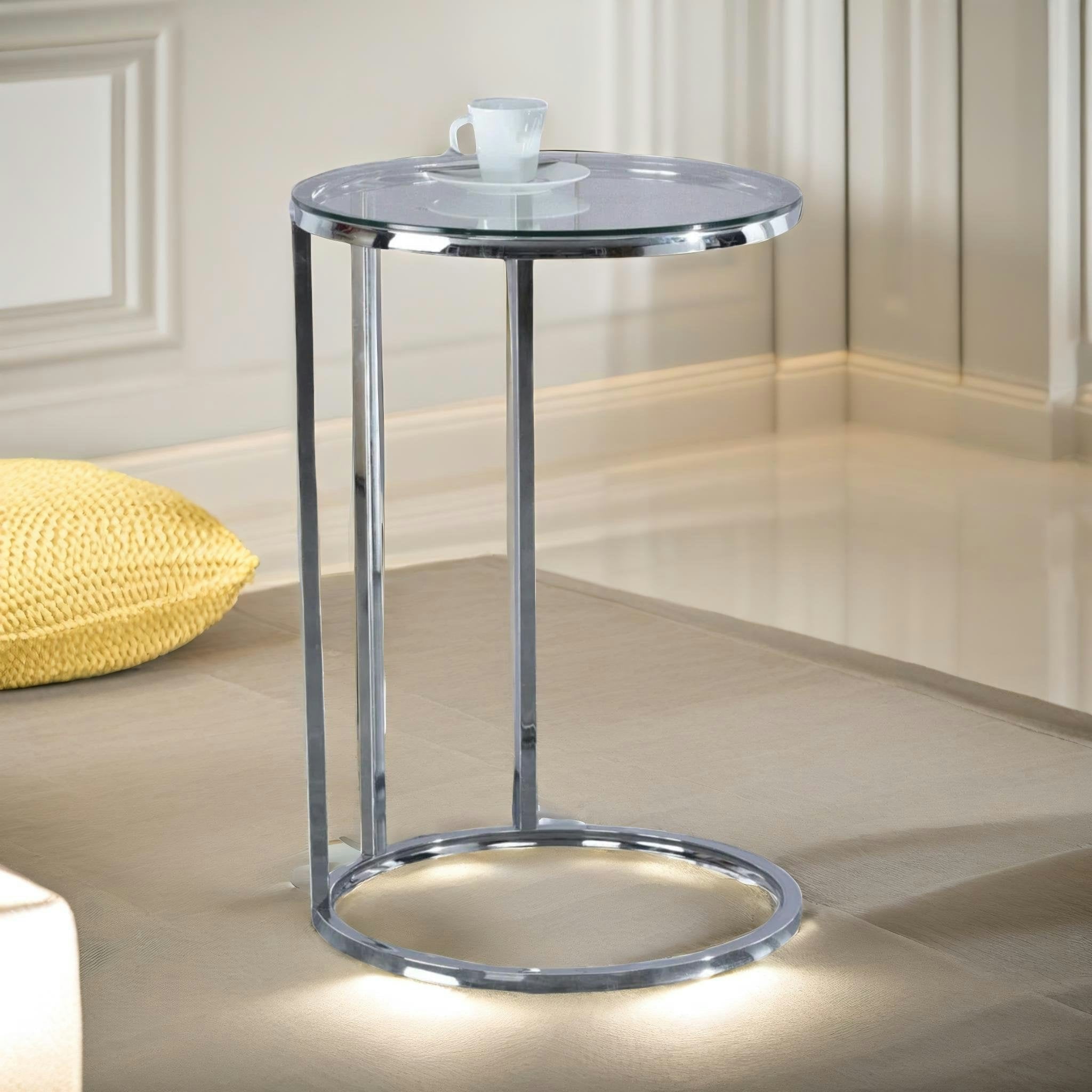 Rafaelo Mobilia Silver Glass C Shaped Round Side Table Chrome
