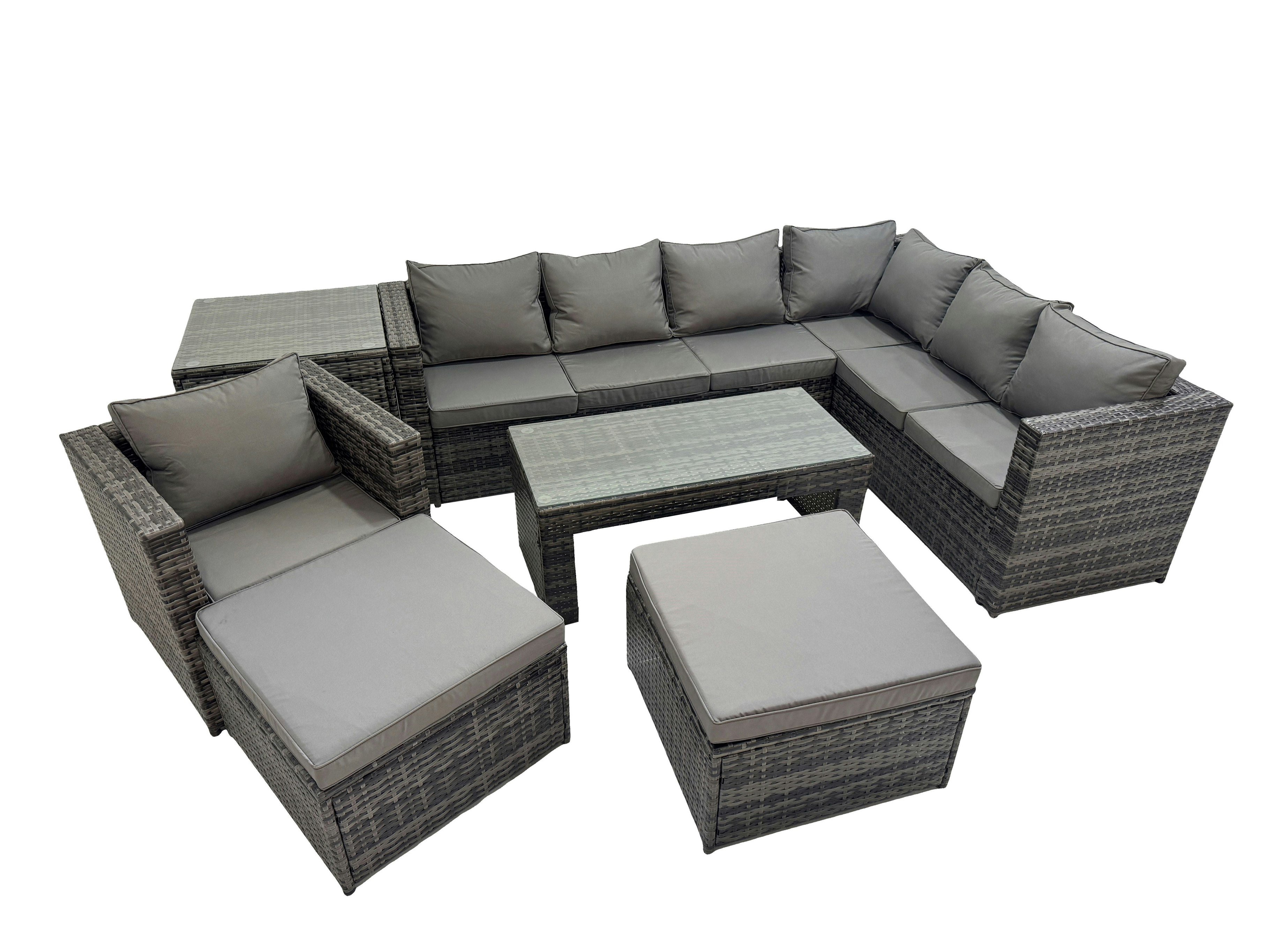 Fimous Dark/Grey Outdoor Rattan Oblong Coffee Table Corner Sofa Sets Garden Furniture Set With Chair 2 Big Stools Side Table Mixed