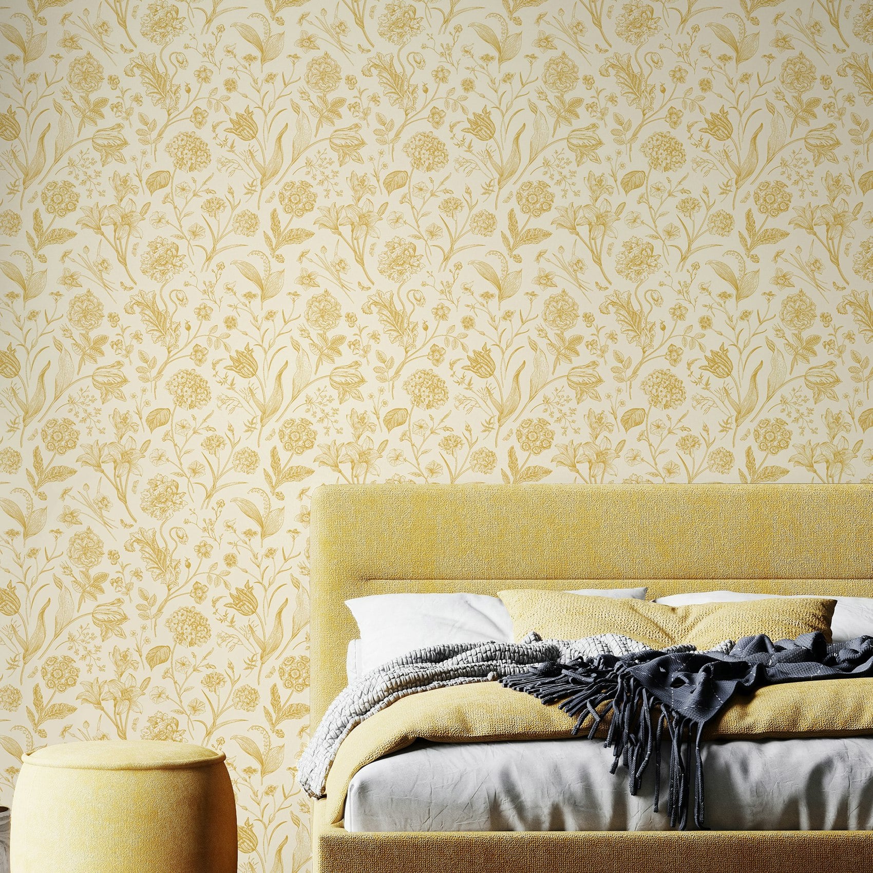 Rackhams Light Floral Toile - Rich Butter 10M Wallpaper