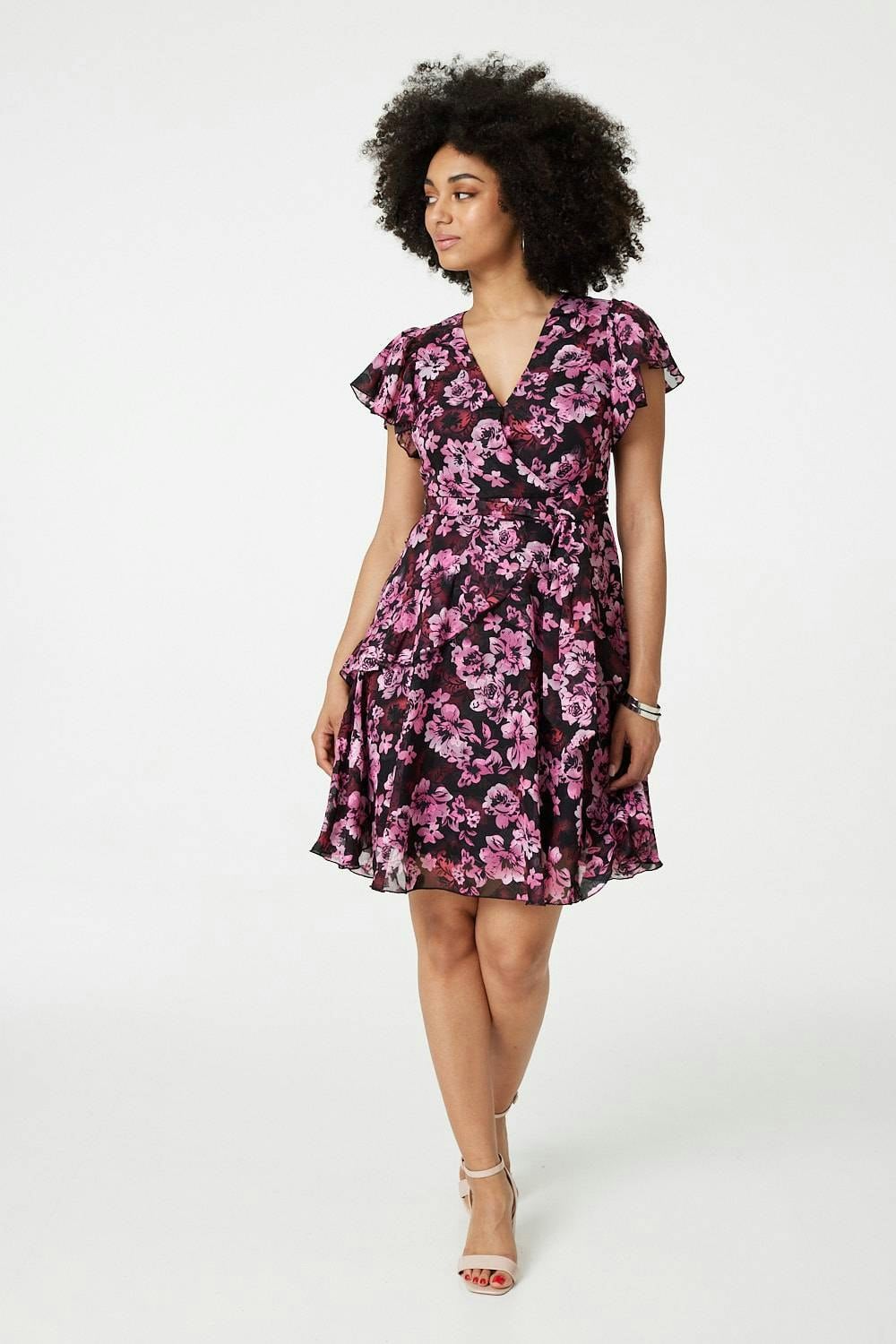 Izabel London Pink Floral Tie-Waist Ruffled Mini Dress - 10