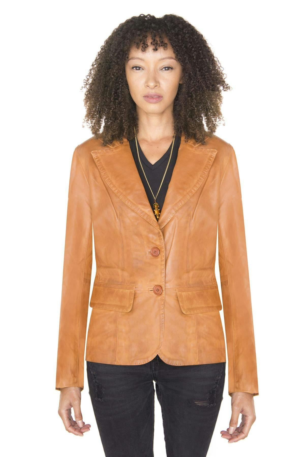 Infinity Leather Women's Leather Blazer Jacket-Seregno - Tan - Uk Xl/16 | Eu 42 | Us 12