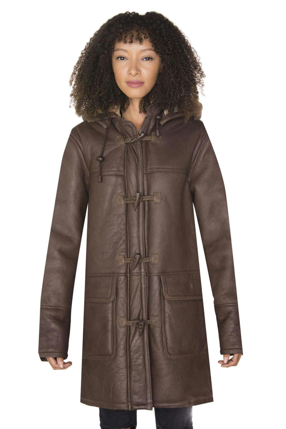 Infinity Leather Women's Brown Hooded Sheepskin Leather Duffle Coat-Rugby - 4XL