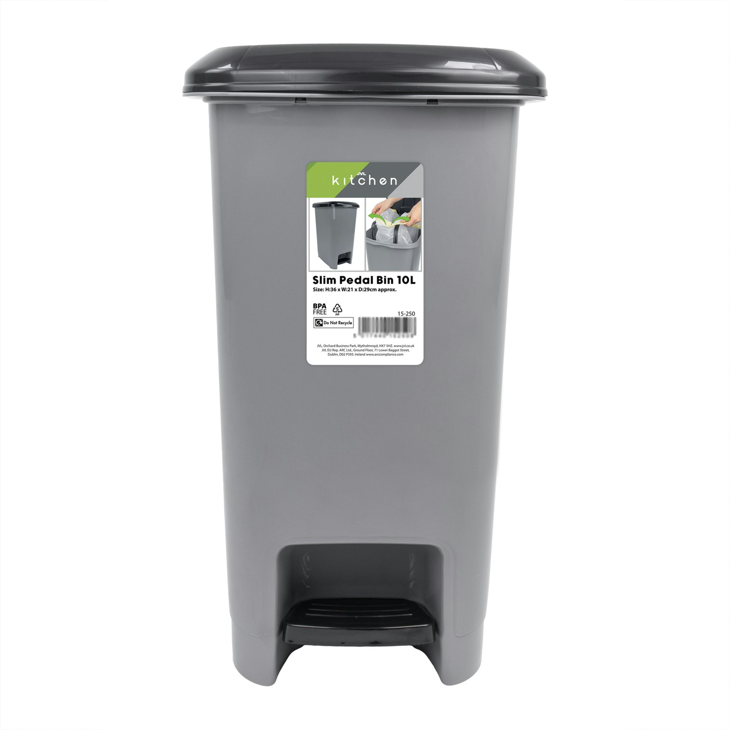Jvl Grey Slim Plastic Lidded Foot Pedal Waste Bin, 10L, - 1 - Plastic
