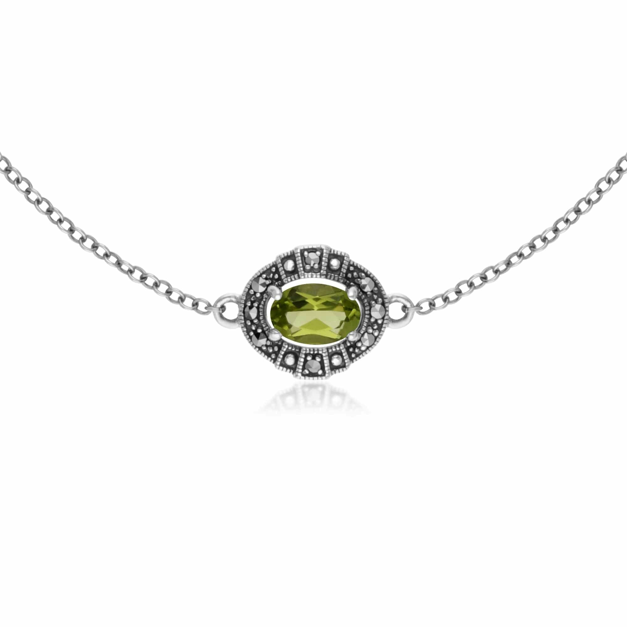 Gemondo Silver Art Deco Style Oval Peridot & Marcasite Cluster Bracelet In 925 Sterling