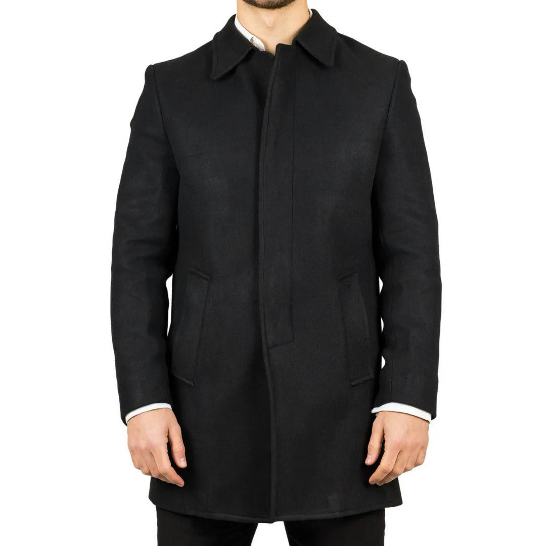 Truclothing Men's Black Classic Collar Wool Blend Overcoat - 5XL