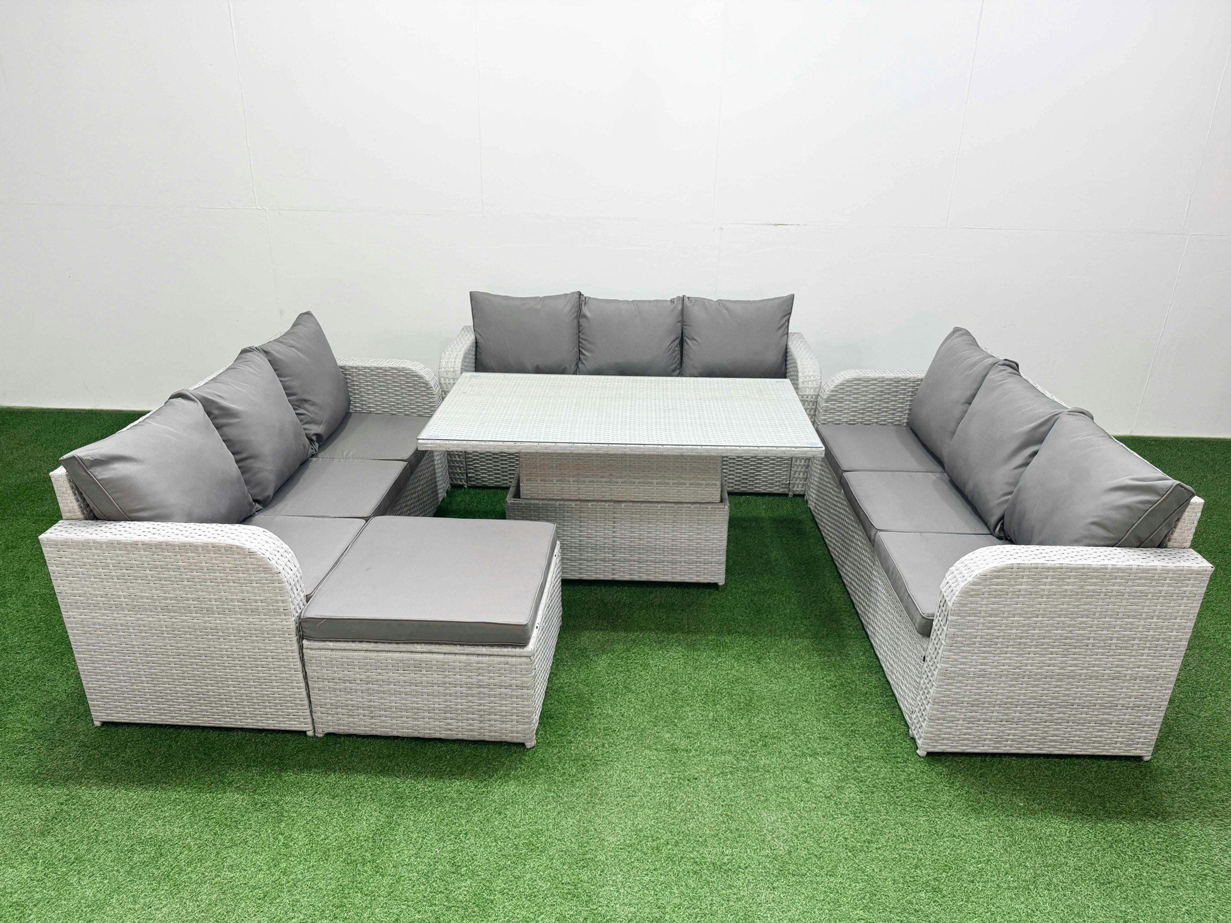 Rackhams Light/Grey 10-Seater Pe Rattan Outdoor Lounge Set | Adjustable Dining/Coffee Table, 3-Seater Sofa, Large Footstool
