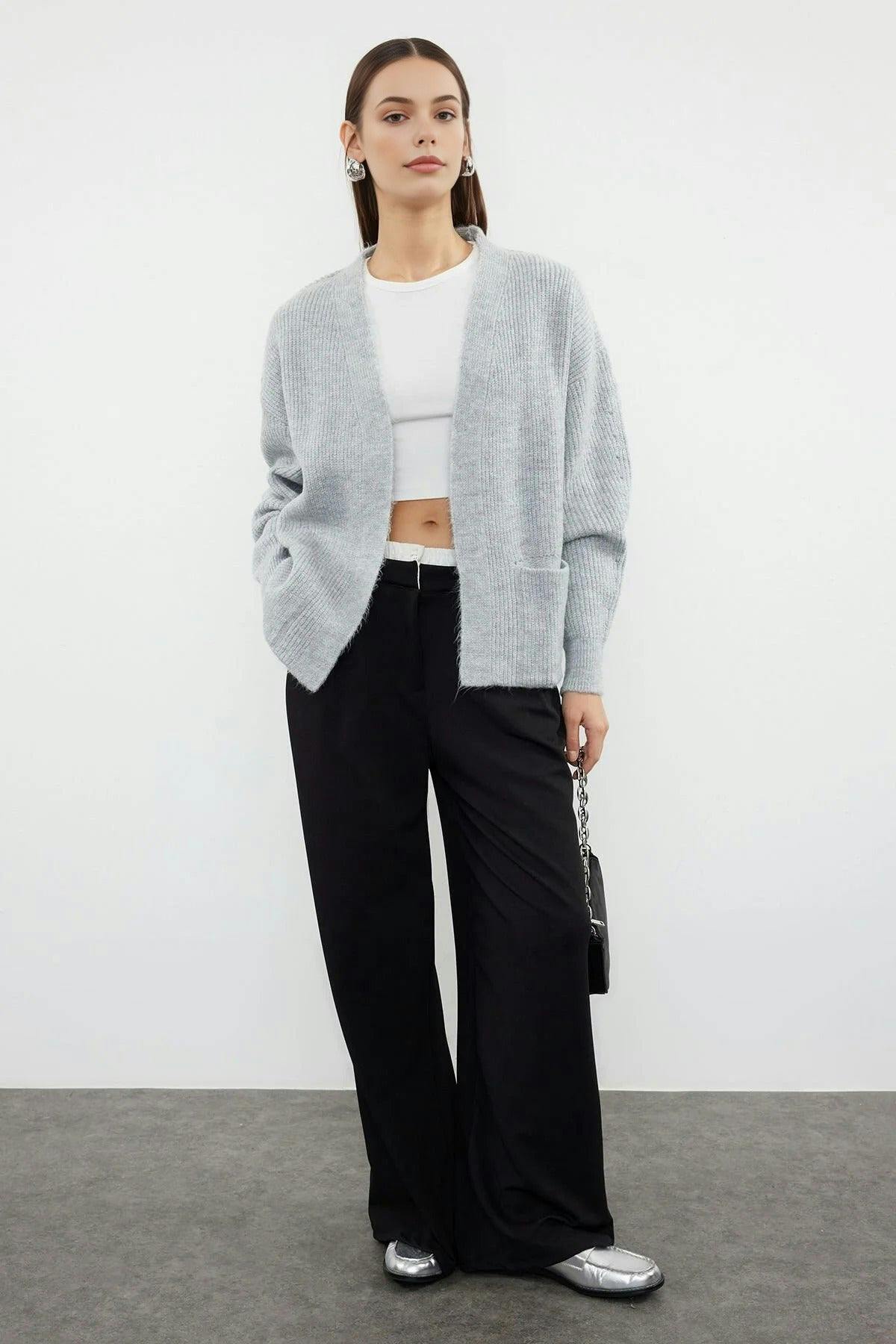 Wovcor Soft Textured Pocket Detailed Knit Cardigan - Khaki - M