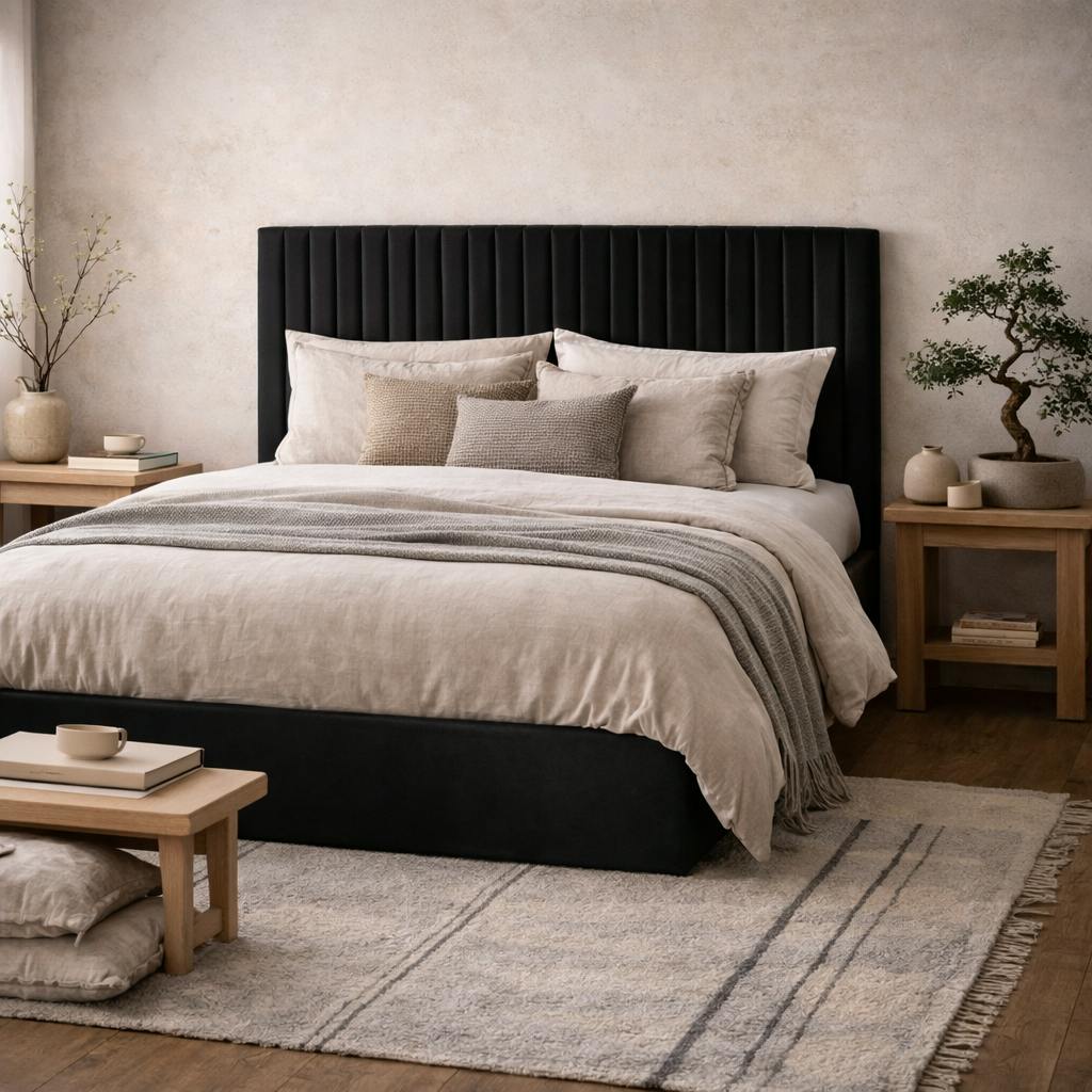 Wyld Haus Black Dublin Upholstered 6Ft Super King Size Ottoman Bed Tall Ribbed Headboard