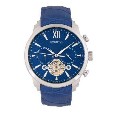 Heritor Automatic Men's Silver/Blue Arthur Semi-Skeleton Leather-Band Watch W/ Day/Date