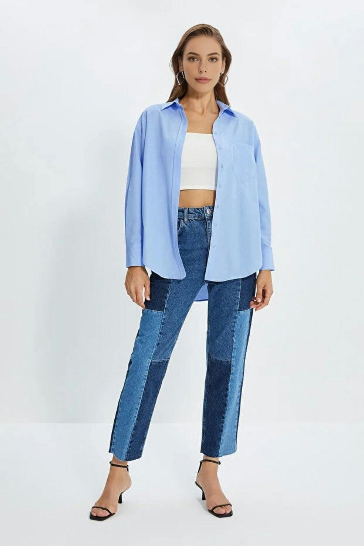 Wovcor Blue Single Pocket Boyfriend Cotton Woven Shirt - 14