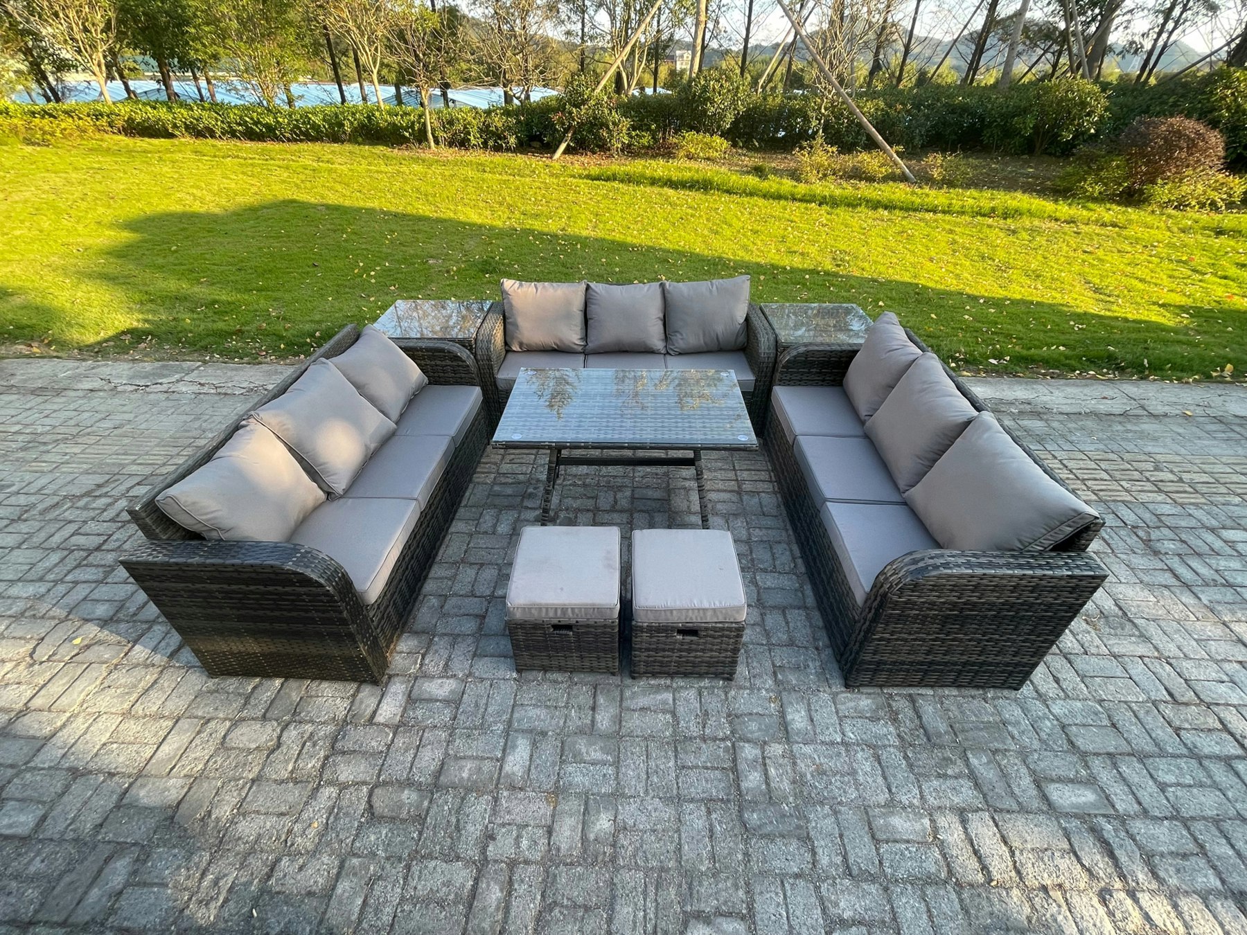 Fimous Dark/Grey 11-Seater Rattan Outdoor Lounge Set | Rectangular Dining Table, 2 Side Tables, 2 Footstools