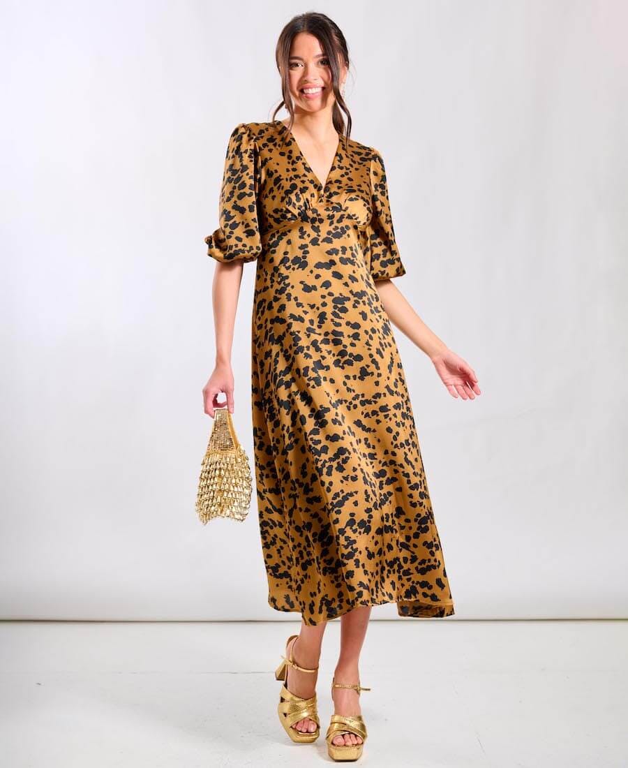 Needs No Label Women's Brown Leopard Satin Midi Dress - 12