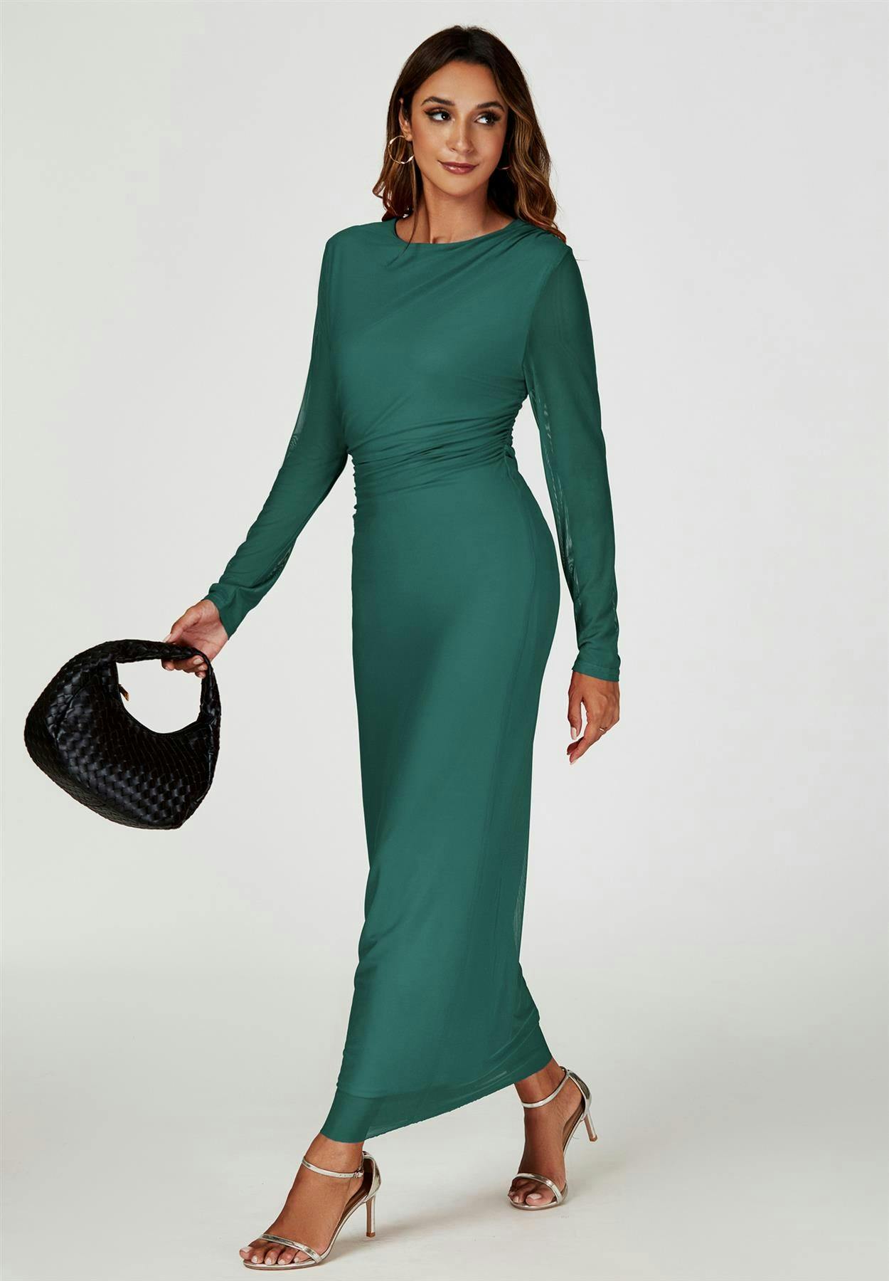 Fs Collection Green Long Sleeves Mesh Maxi Dress In - Xs