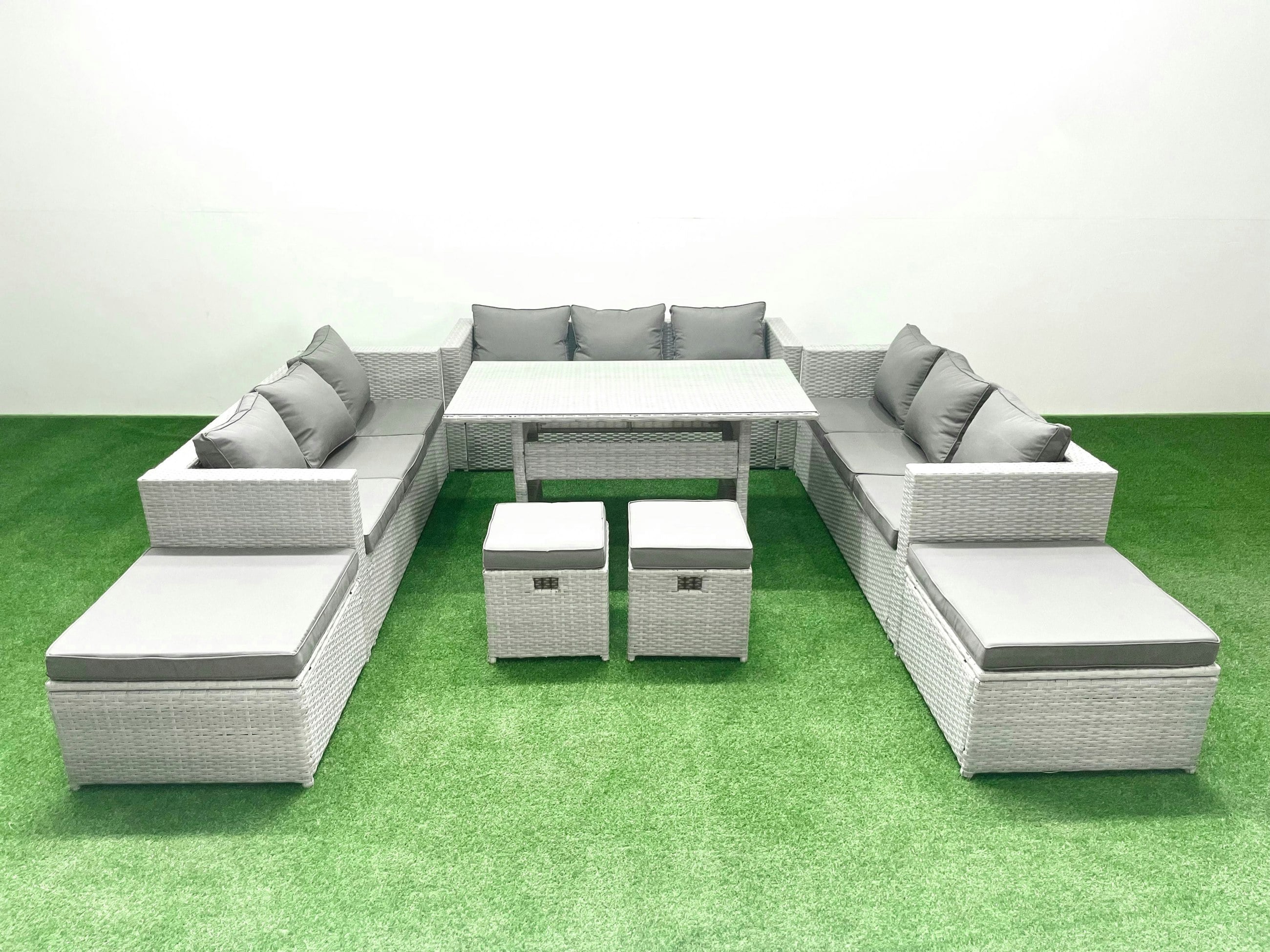 Rackhams Light/Grey Rattan Garden Furniture Dining Set 13 Seater Lounge Sofa Dining Table Set With 4 Footstools Mixed