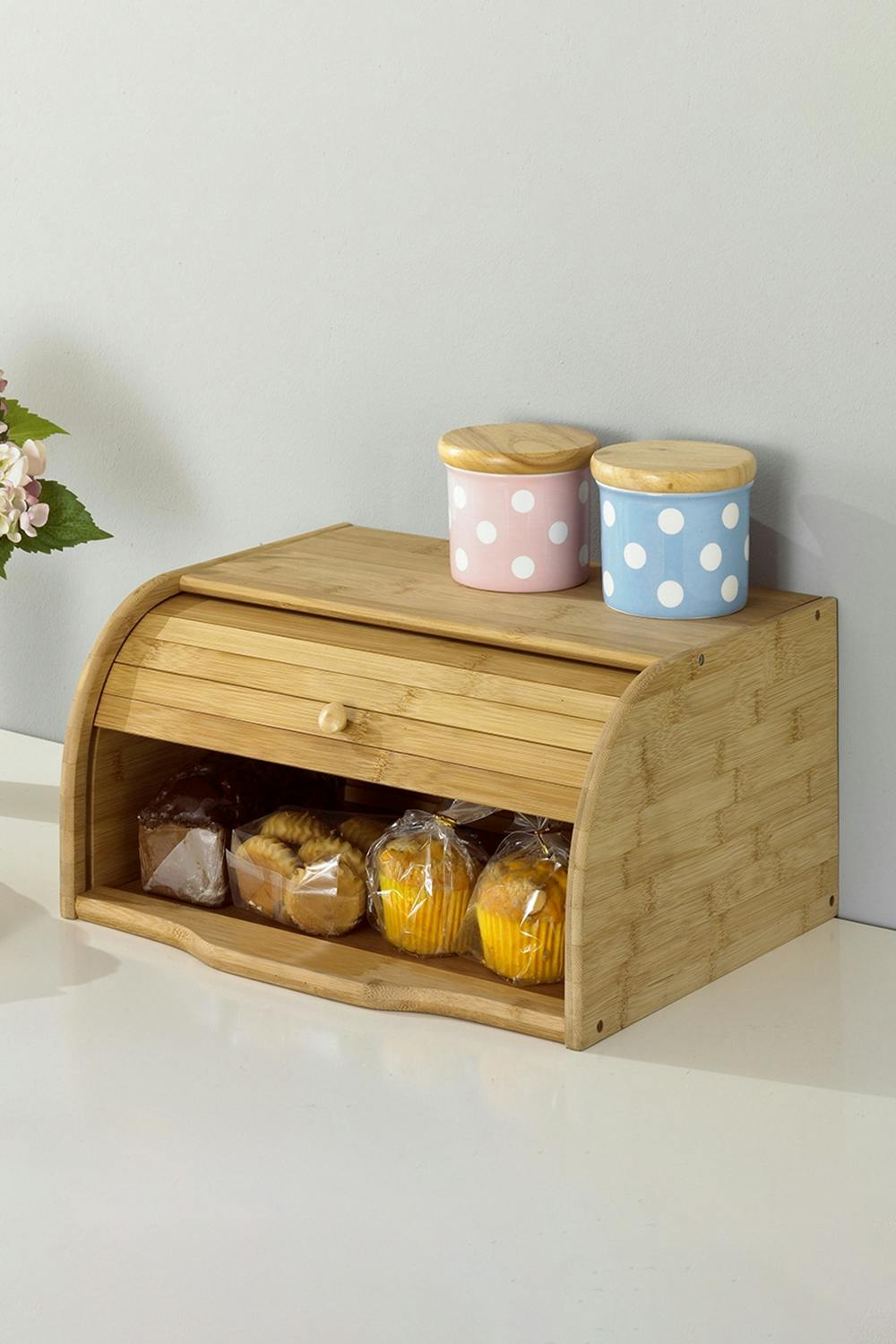 Rackhams Wooden Roll Top Bread Bin Box Food Storage Box - Natural - One Size