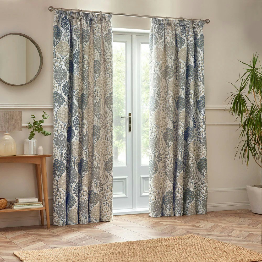 Wylder Ophelia Jacquard Floral Pencil Pleat Curtains - Wedgewood - X 137Cm - Wedgewood 117Cm