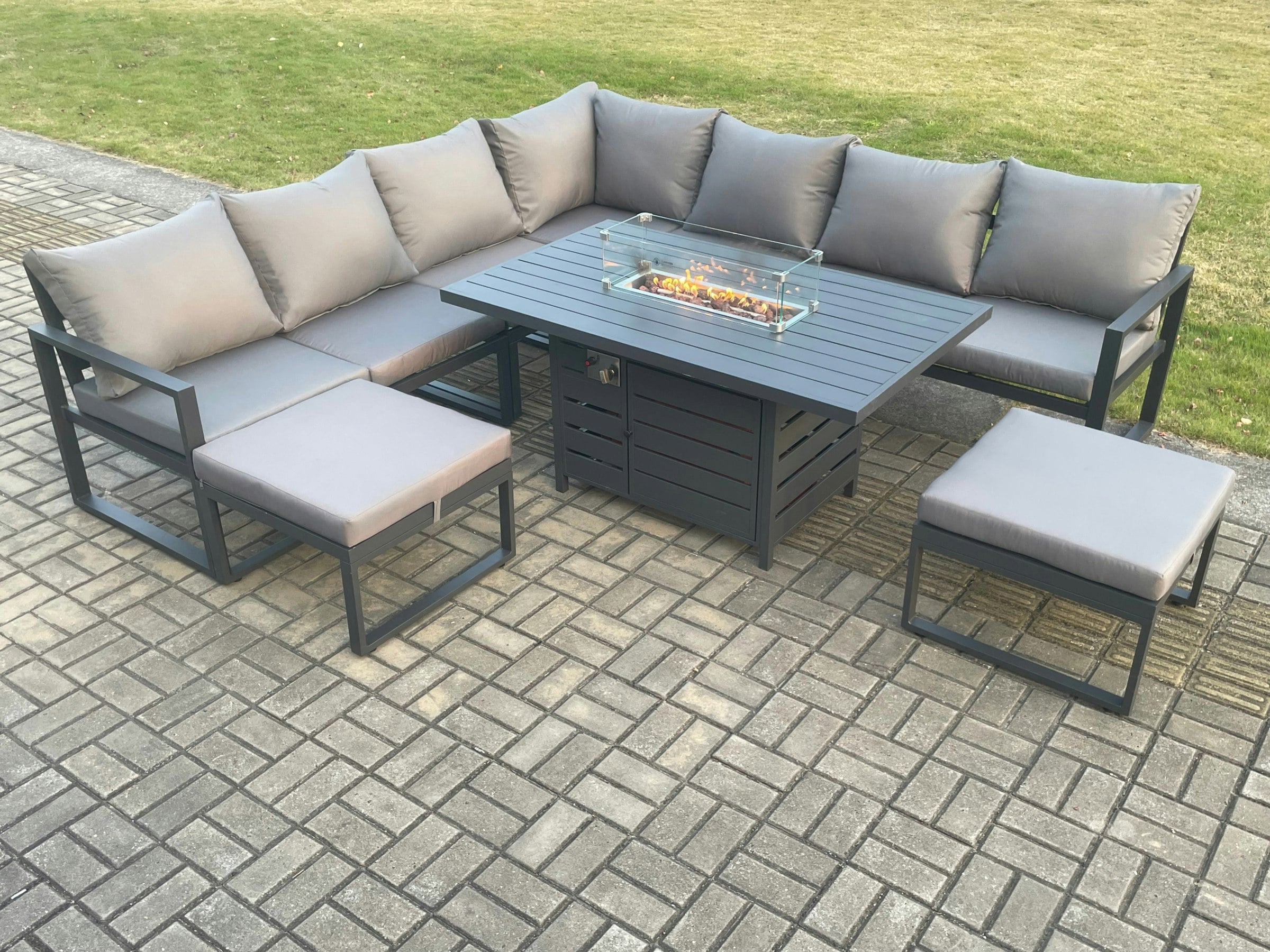 J30 Limited Aluminium L-Shaped 9-Seater Garden Corner Sofa Set With Fire Pit Table - Grey Or Beige | Wowcher - Image 3