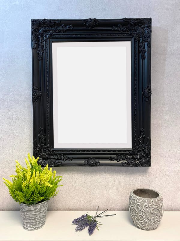 Downton Interiors Black Antique Style Wood Frame Wall Mirror With Bevelled Glass 53Cm X 43Cm