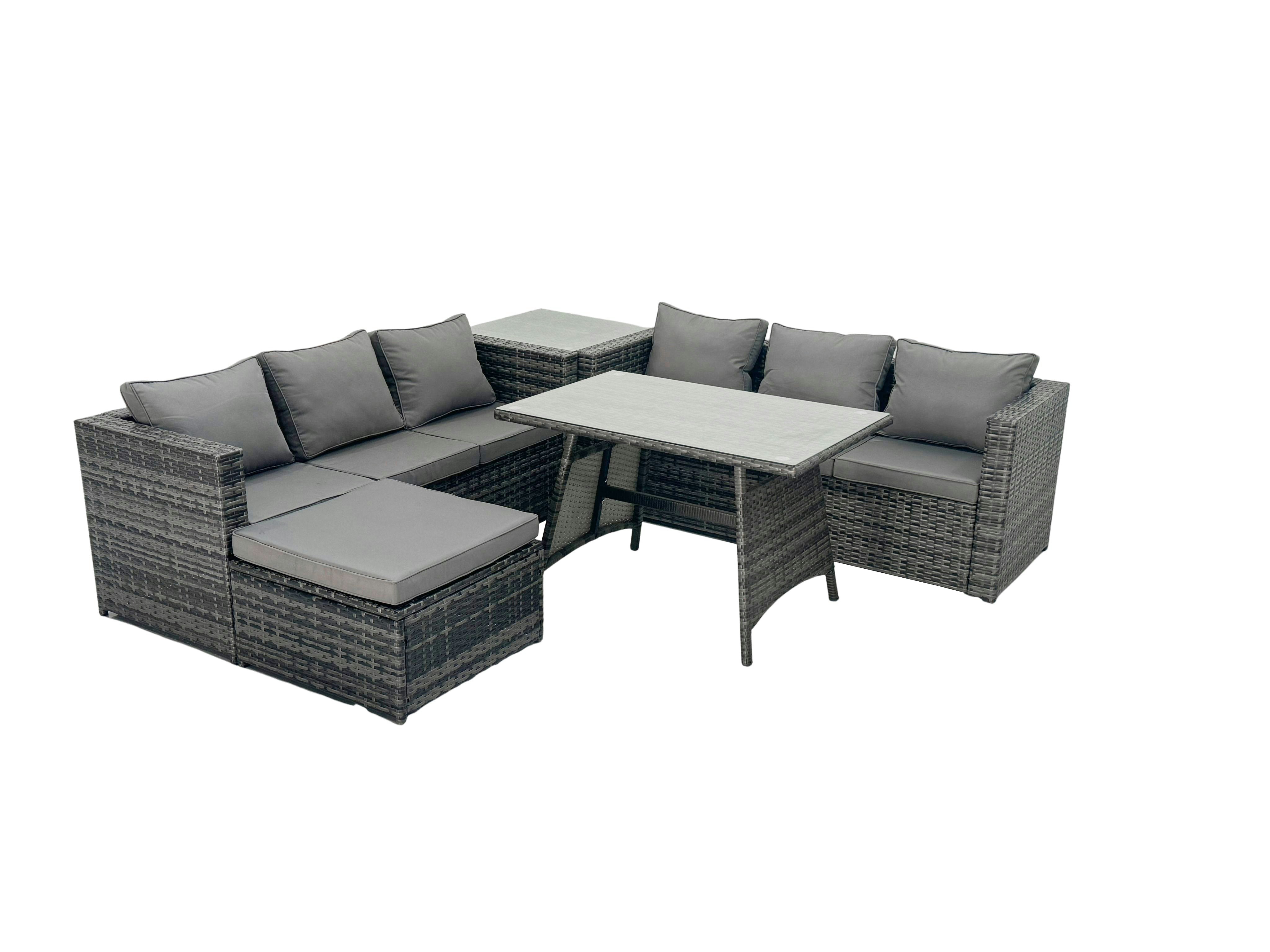 Fimous Dark/Grey Rattan Dining Table Sofa Set With Side Table 2 Big Footstools Outdoor Garden Furniture Set Mixed