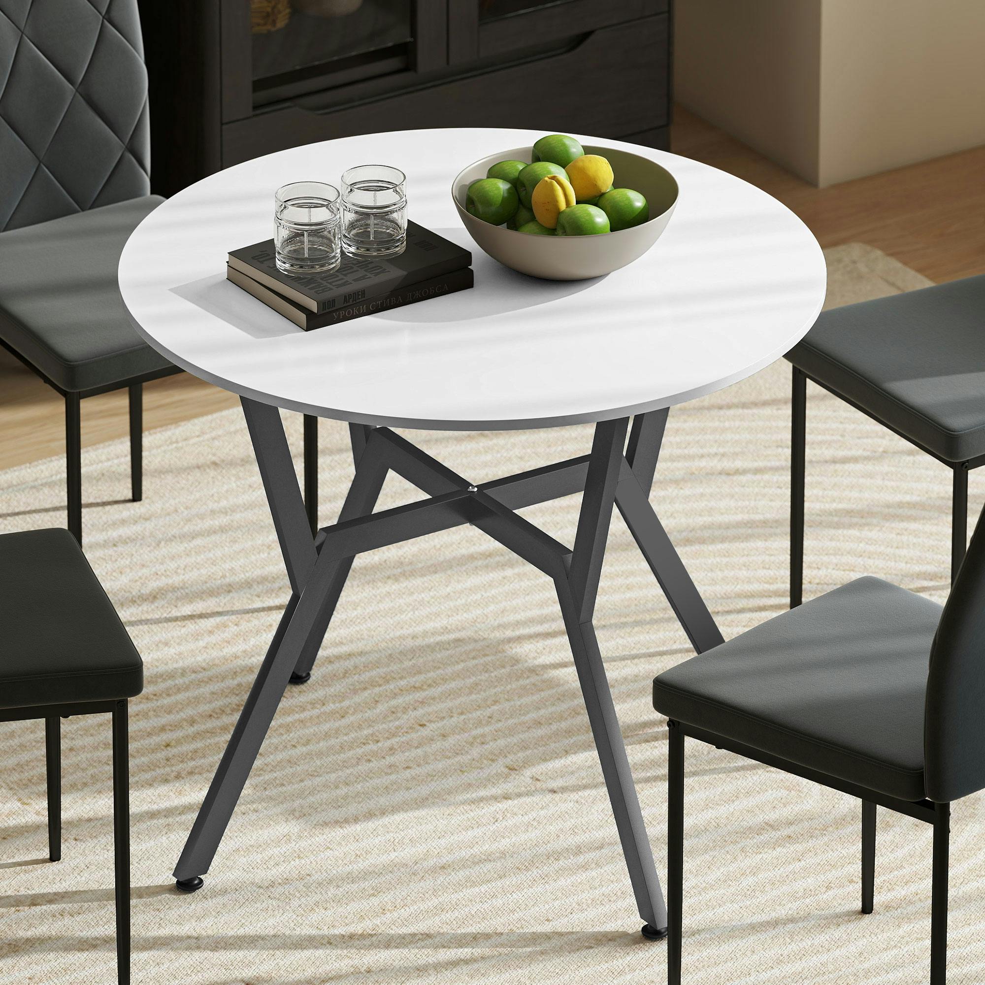 Rackhams Black/Grey/White Small Kitchen Table With Steel Legs, Dining Table, - 90Cm X 90Cm X 76Cm - High Gloss