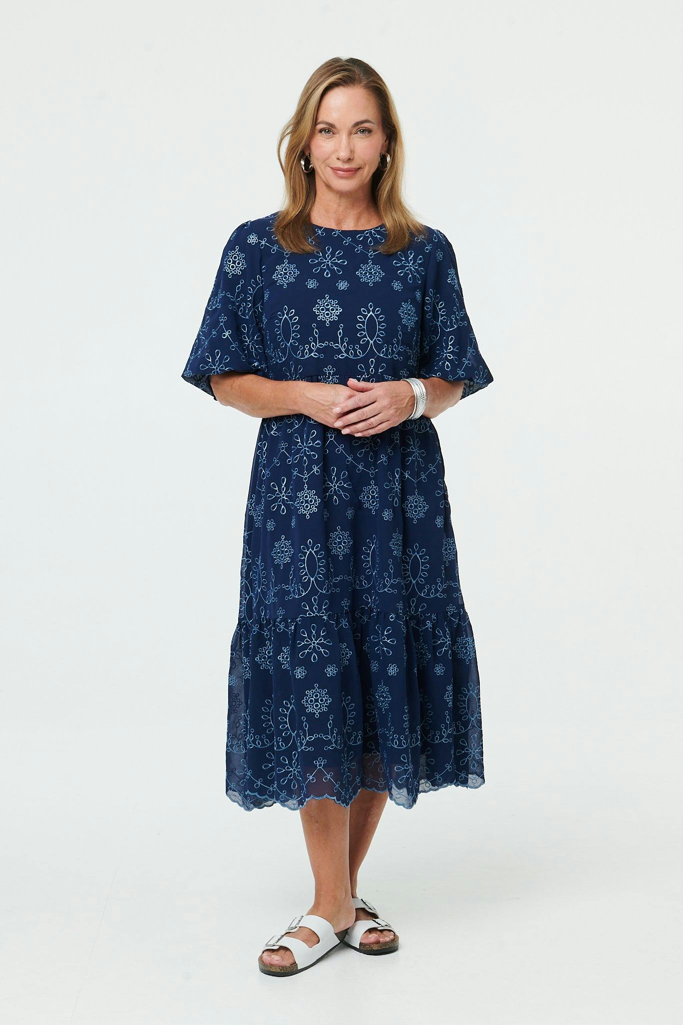 Izabel London Indigo Embroidered Short Puff Sleeve Maxi Dress - 14