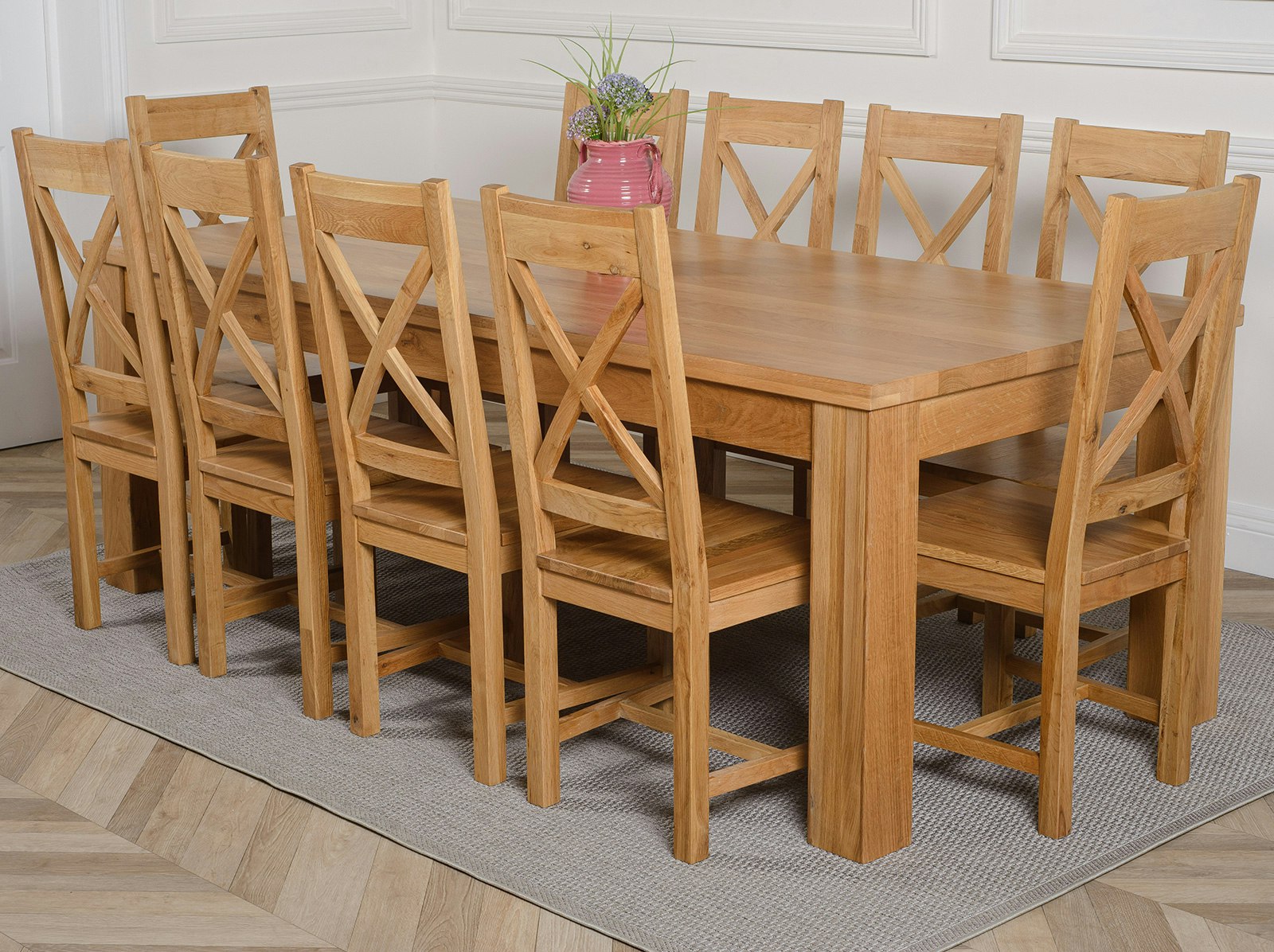 Rackhams Grain/Brown Dakota Extra Large Oak Dining Table With Berkeley Oak Chairs - Natural Oak - 10 Chairs
