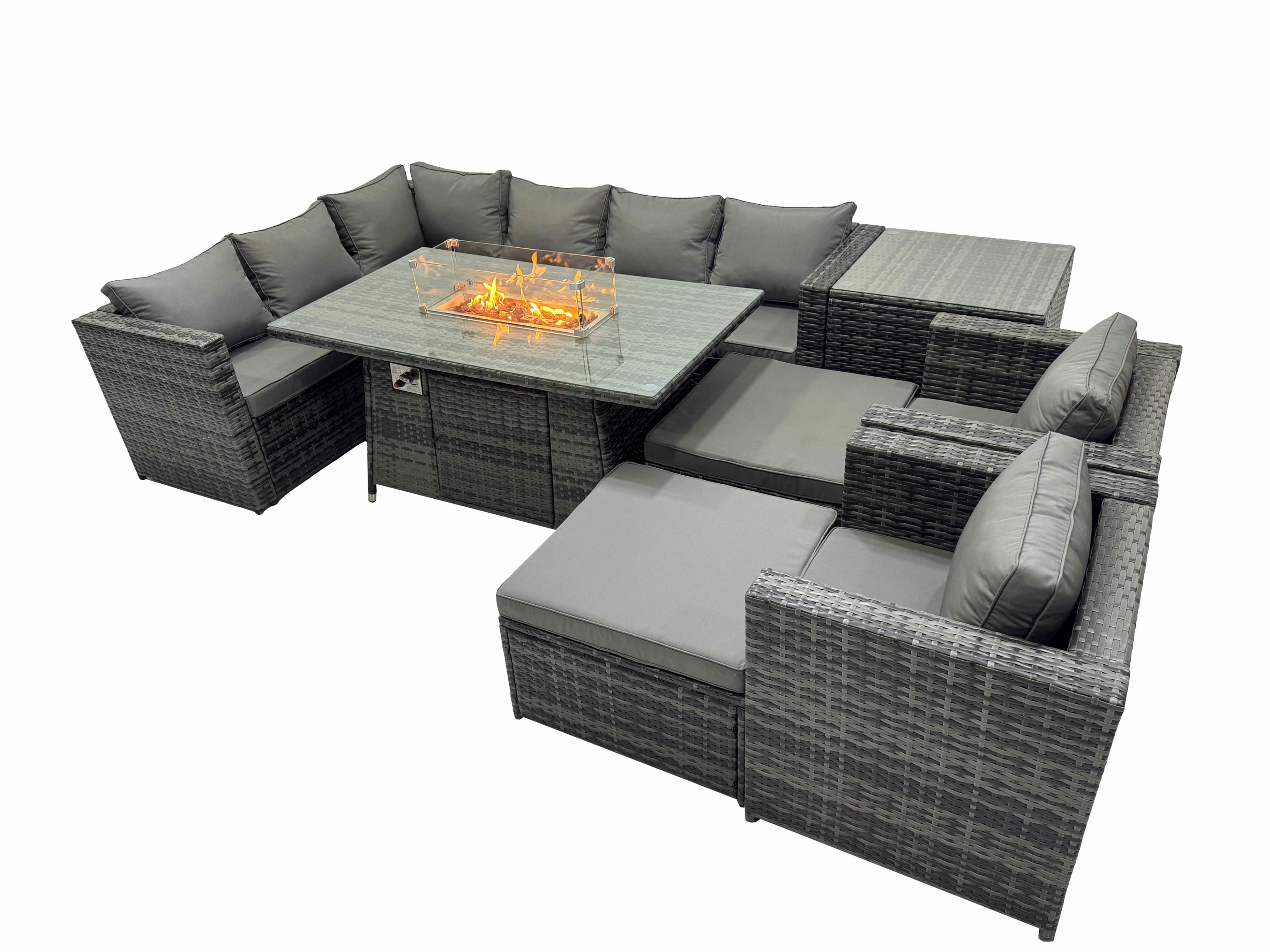 Rackhams Dark/Grey Rattan Garden Furniture Dining Set 10 Seater Gas Fire Pit Dining Table Corner Sofa Set With 2 Big Stools Side Table Mixed