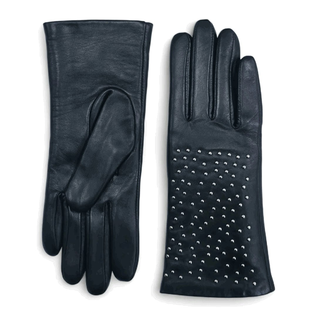 Infinity Leather Women's Black ’S Leather Studded Wool Lining Fashion Gloves - Medium